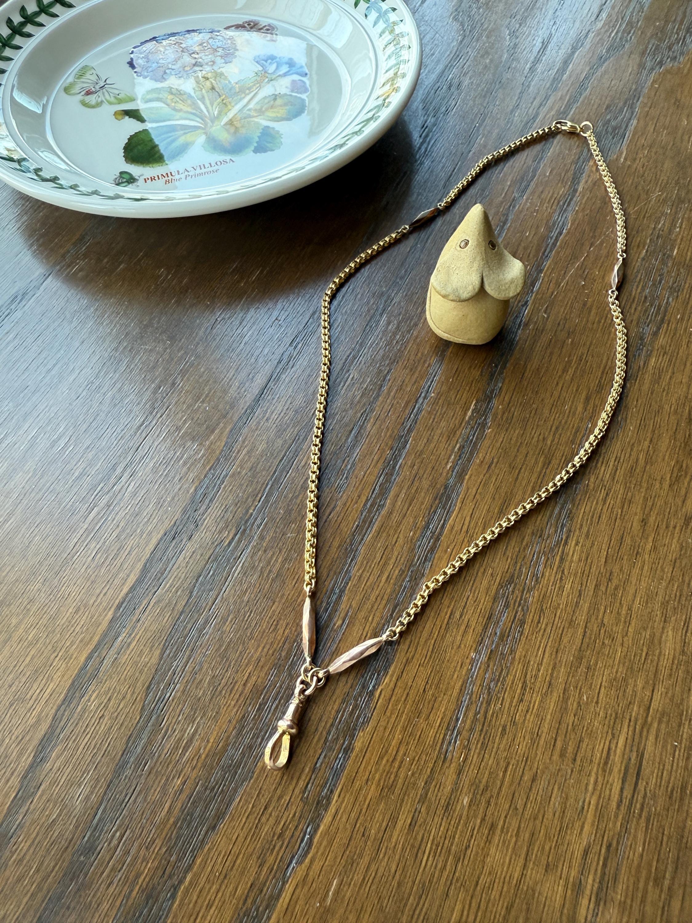 Victorian Antique Ribbed Box Chain Faceted Marquise Spacers Dog Clip Fob Pendant Holder Necklace Rose & Yellow 9k Gold Solid 18k Clasp - Image 7