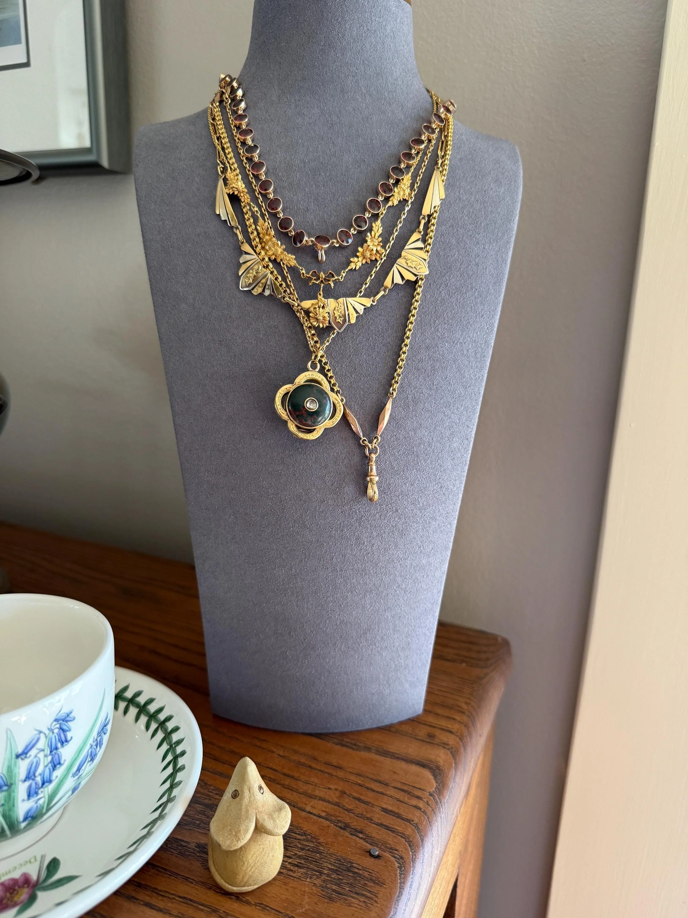 Victorian Antique Ribbed Box Chain Faceted Marquise Spacers Dog Clip Fob Pendant Holder Necklace Rose & Yellow 9k Gold Solid 18k Clasp - Image 8