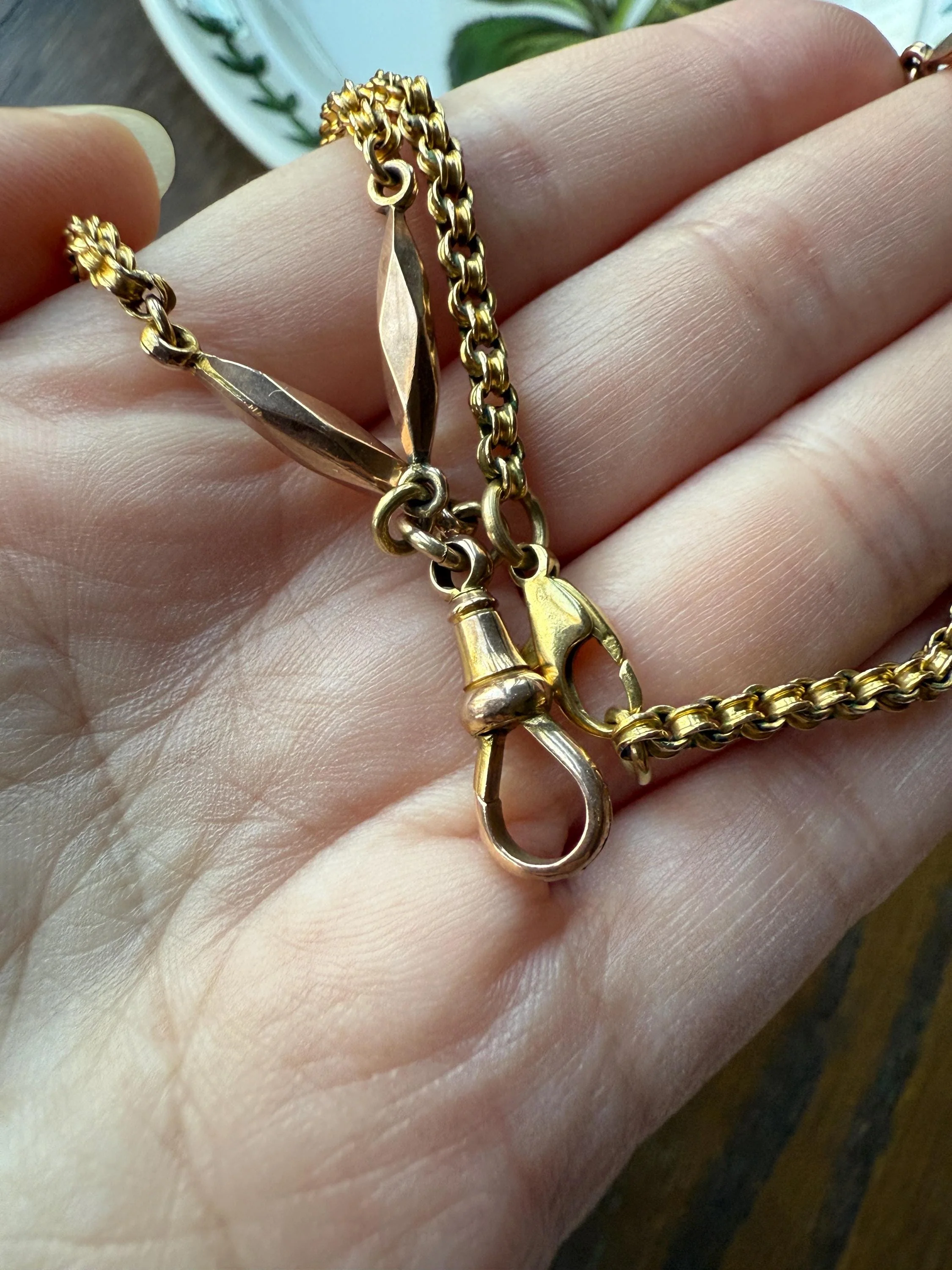 Victorian Antique Ribbed Box Chain Faceted Marquise Spacers Dog Clip Fob Pendant Holder Necklace Rose & Yellow 9k Gold Solid 18k Clasp - Image 9