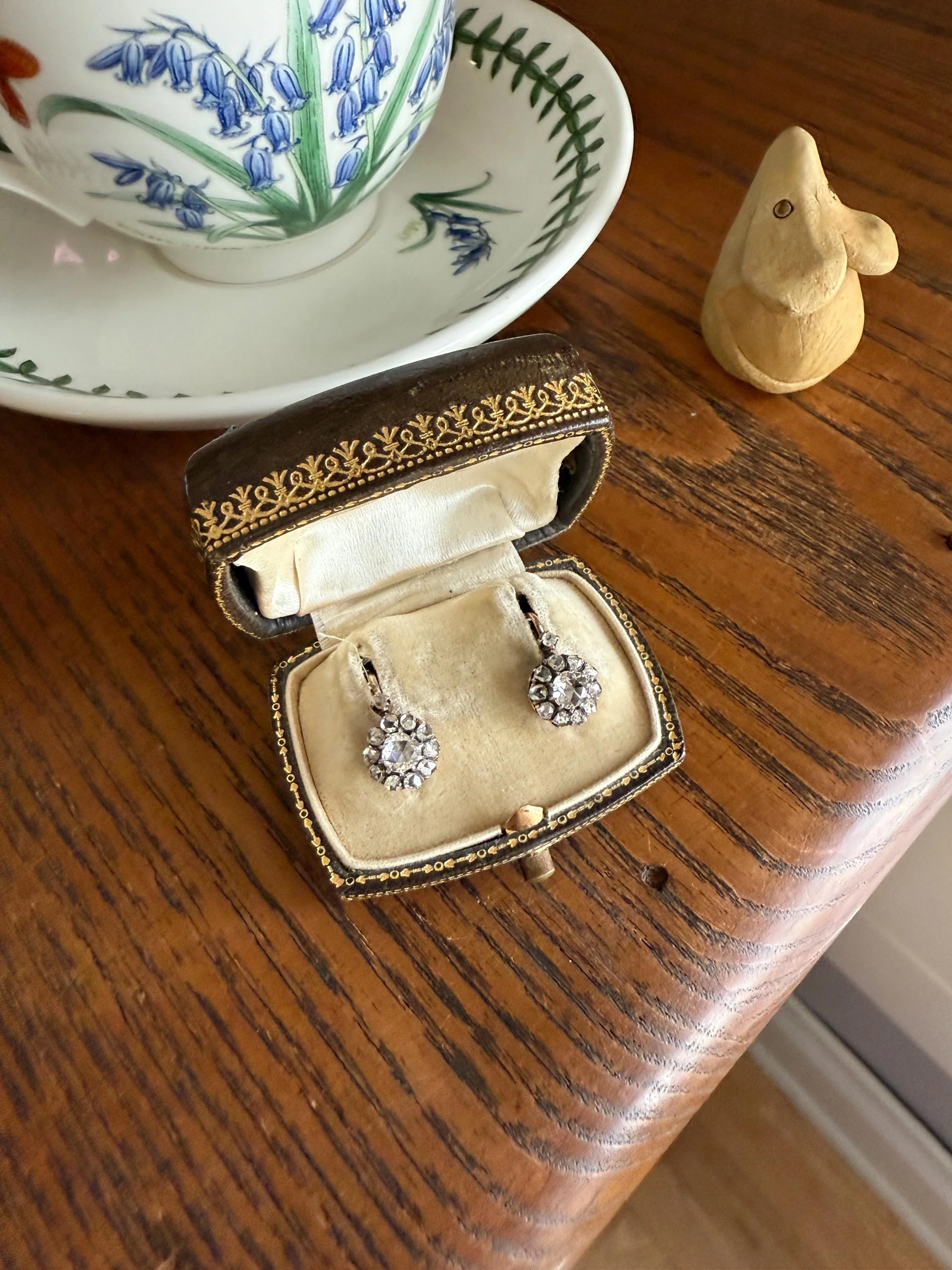 Victorian ANTIQUE Rose Cut Diamond Cluster Dormeuse Earrings French 18k Gold Solid 1.7 Carat Face Up Daisy Halo Dangle Belle Epoque - Image 10
