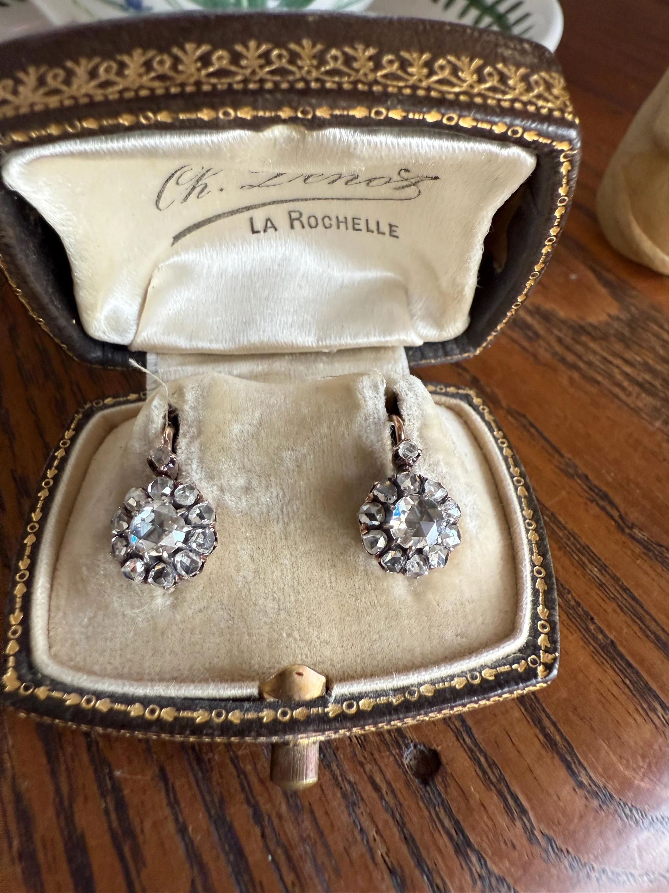 Victorian ANTIQUE Rose Cut Diamond Cluster Dormeuse Earrings French 18k Gold Solid 1.7 Carat Face Up Daisy Halo Dangle Belle Epoque - Image 12