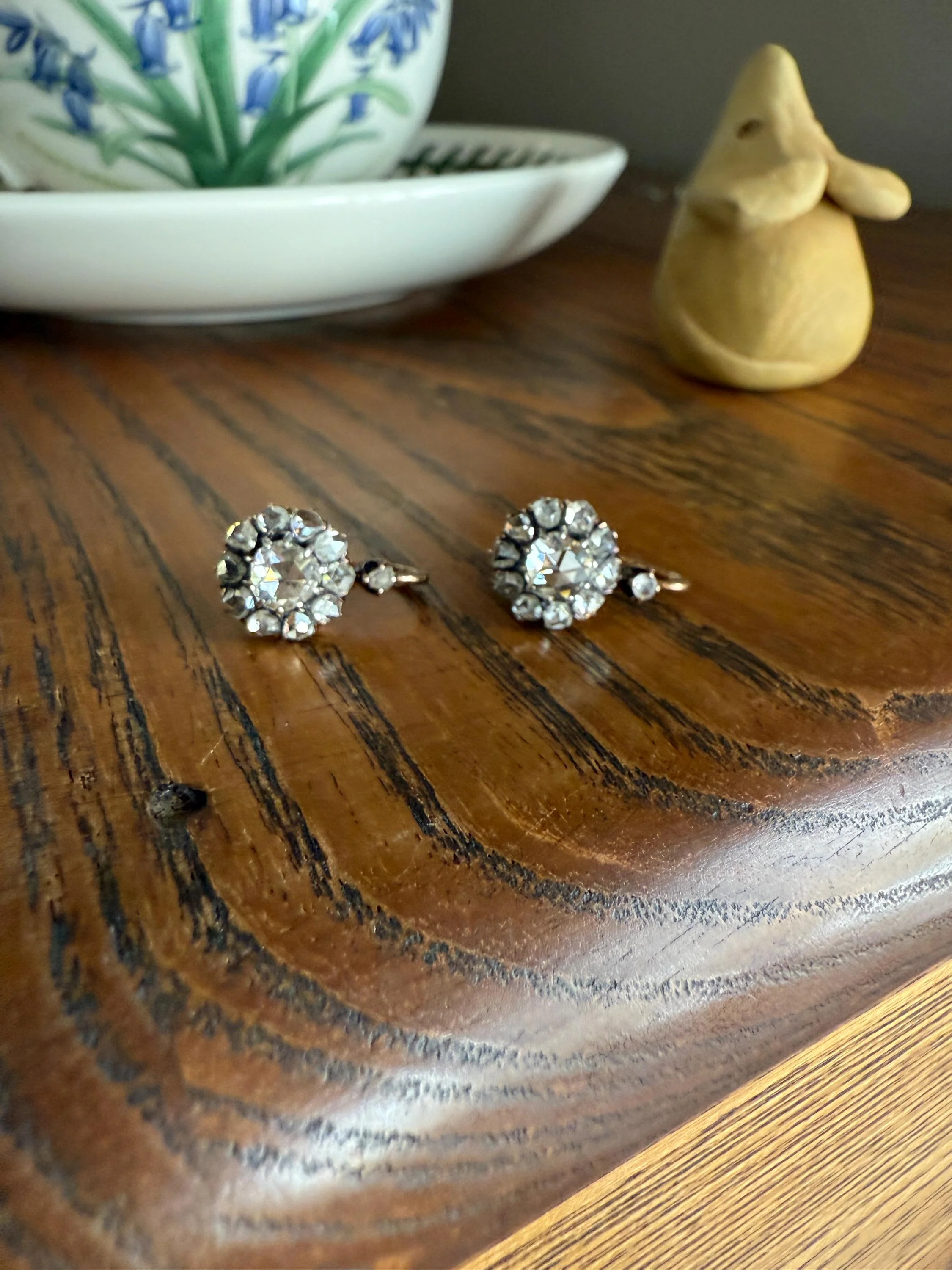 Victorian ANTIQUE Rose Cut Diamond Cluster Dormeuse Earrings French 18k Gold Solid 1.7 Carat Face Up Daisy Halo Dangle Belle Epoque - Image 2
