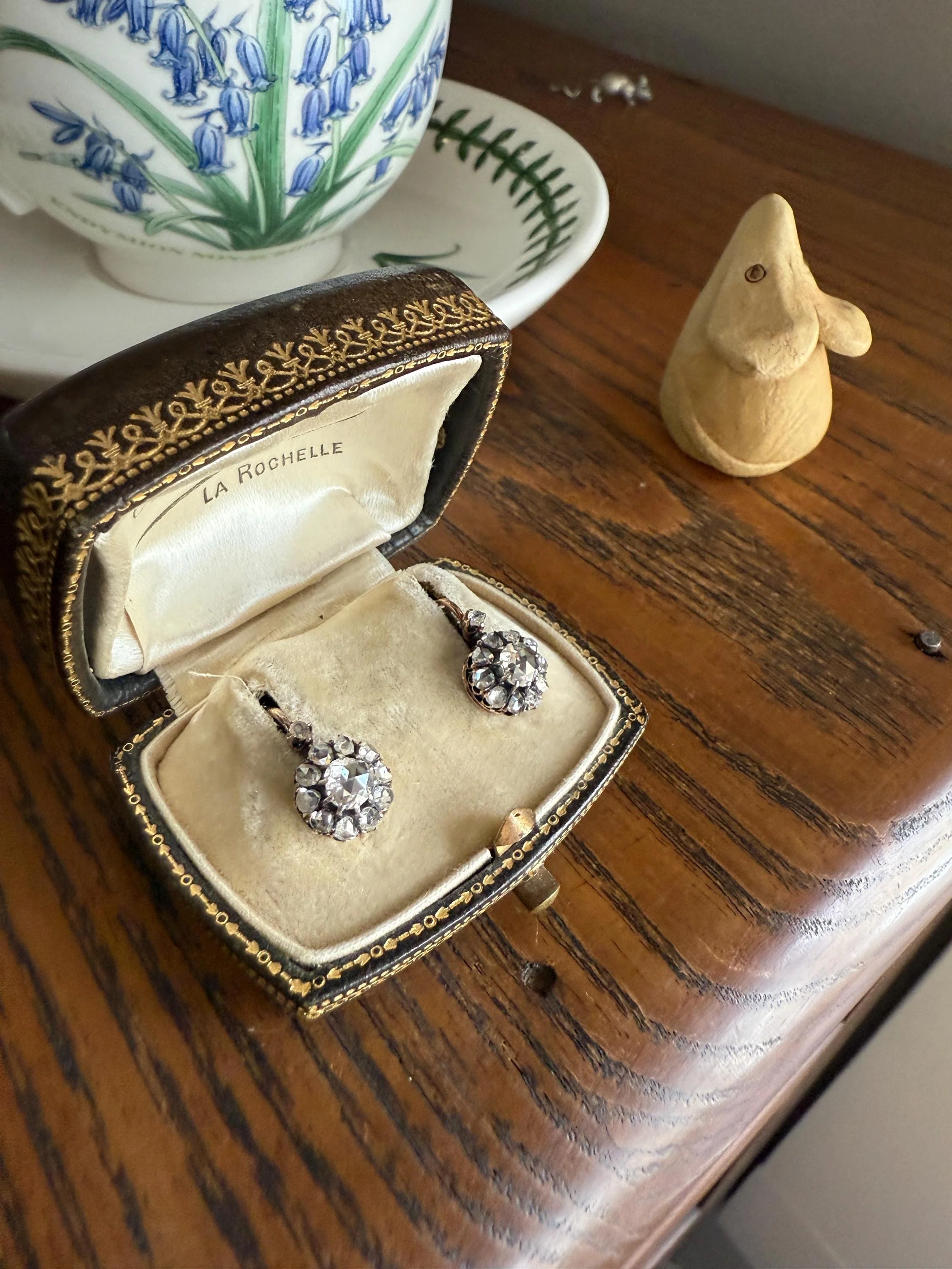 Victorian ANTIQUE Rose Cut Diamond Cluster Dormeuse Earrings French 18k Gold Solid 1.7 Carat Face Up Daisy Halo Dangle Belle Epoque - Image 3