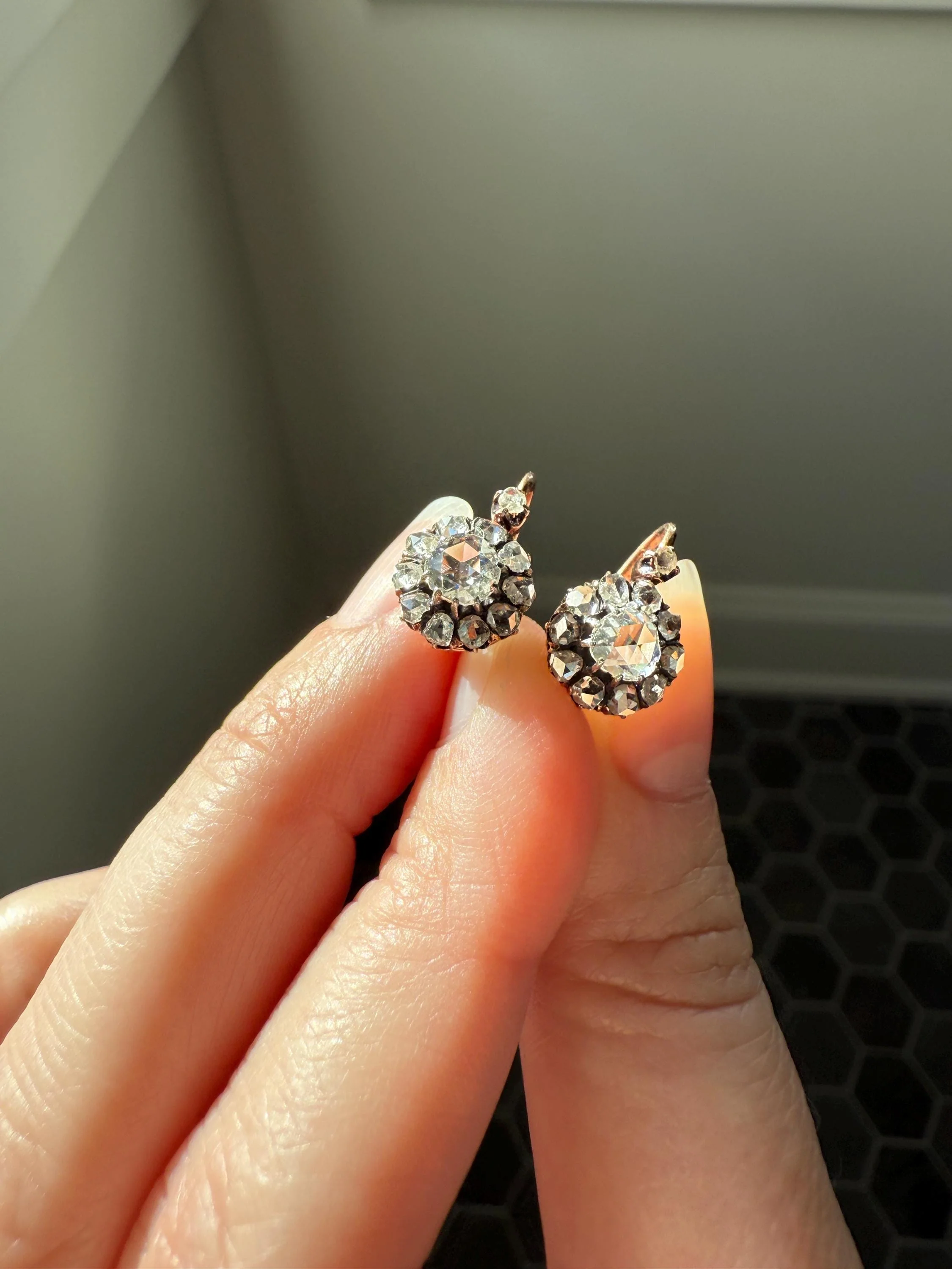 Victorian ANTIQUE Rose Cut Diamond Cluster Dormeuse Earrings French 18k Gold Solid 1.7 Carat Face Up Daisy Halo Dangle Belle Epoque - Image 4