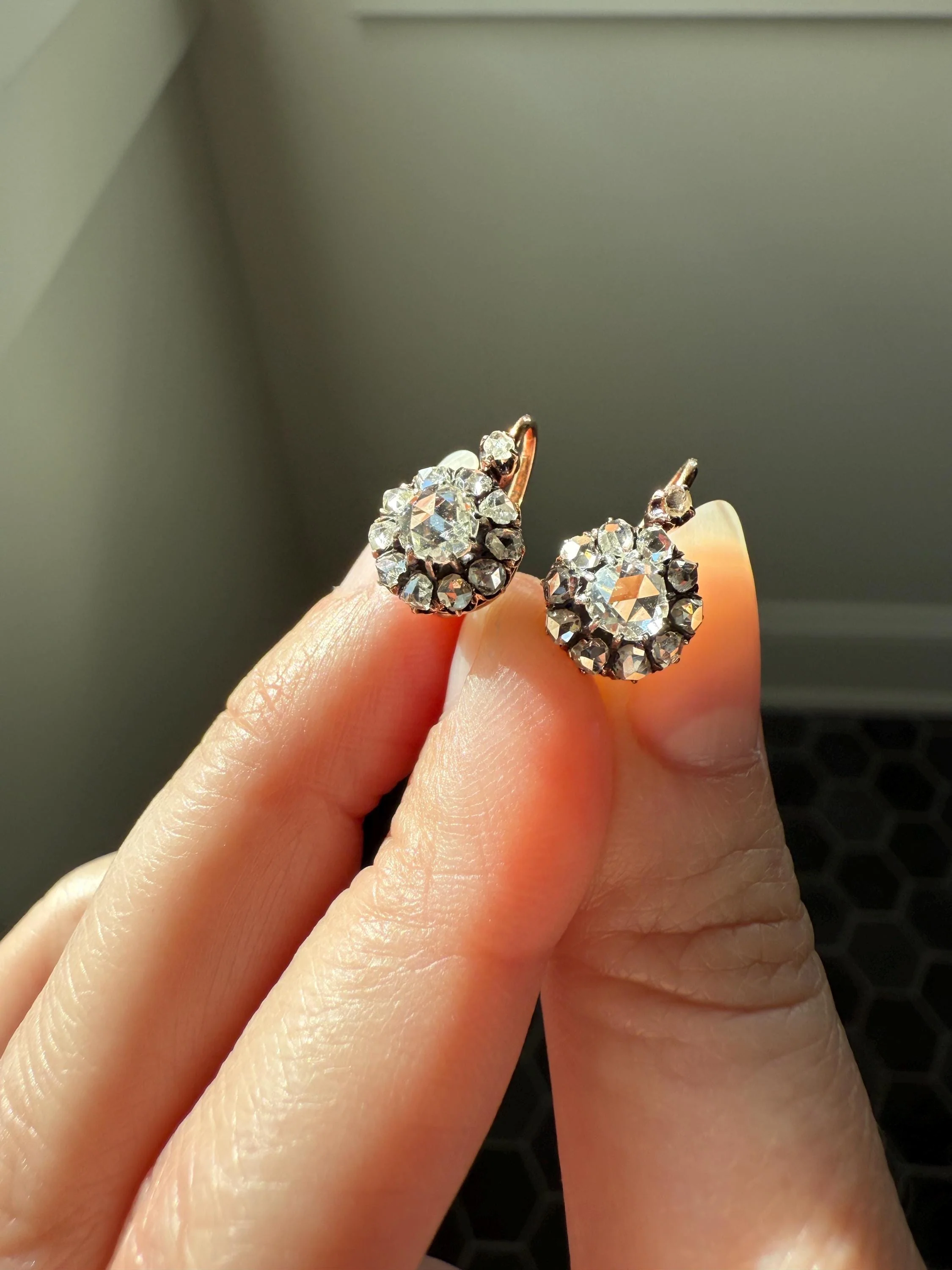 Victorian ANTIQUE Rose Cut Diamond Cluster Dormeuse Earrings French 18k Gold Solid 1.7 Carat Face Up Daisy Halo Dangle Belle Epoque - Image 5