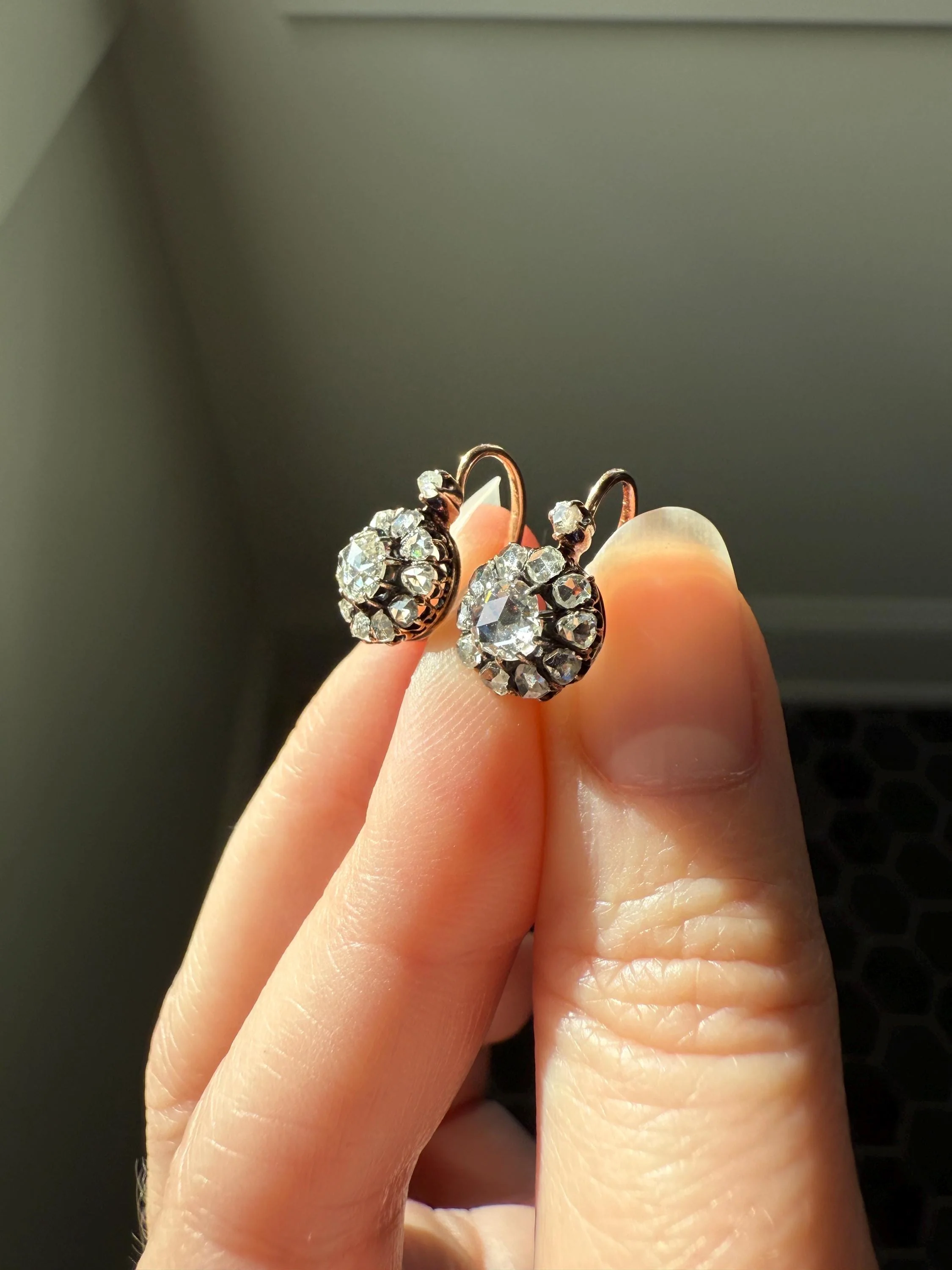 Victorian ANTIQUE Rose Cut Diamond Cluster Dormeuse Earrings French 18k Gold Solid 1.7 Carat Face Up Daisy Halo Dangle Belle Epoque - Image 7