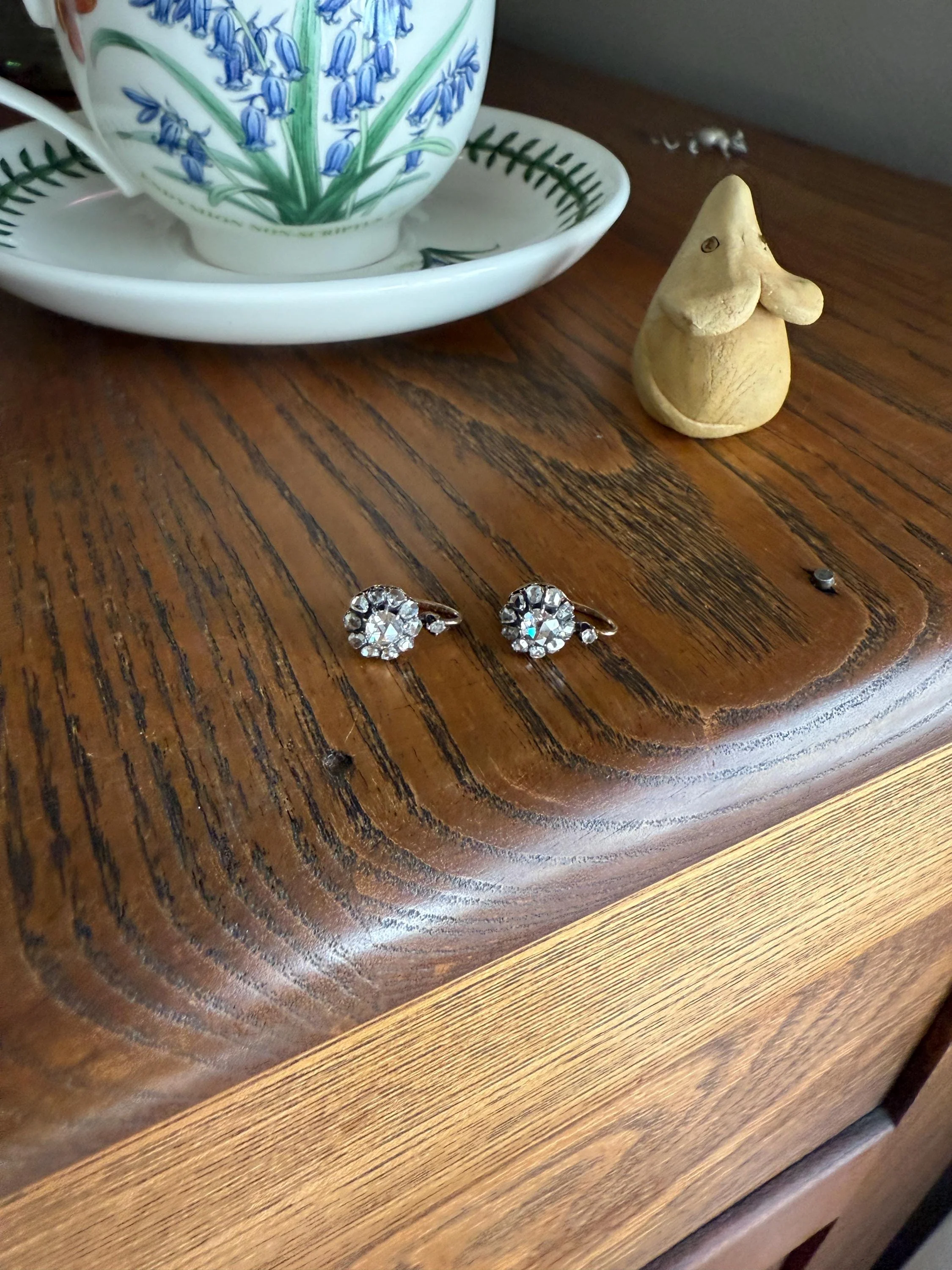 Victorian ANTIQUE Rose Cut Diamond Cluster Dormeuse Earrings French 18k Gold Solid 1.7 Carat Face Up Daisy Halo Dangle Belle Epoque - Image 8