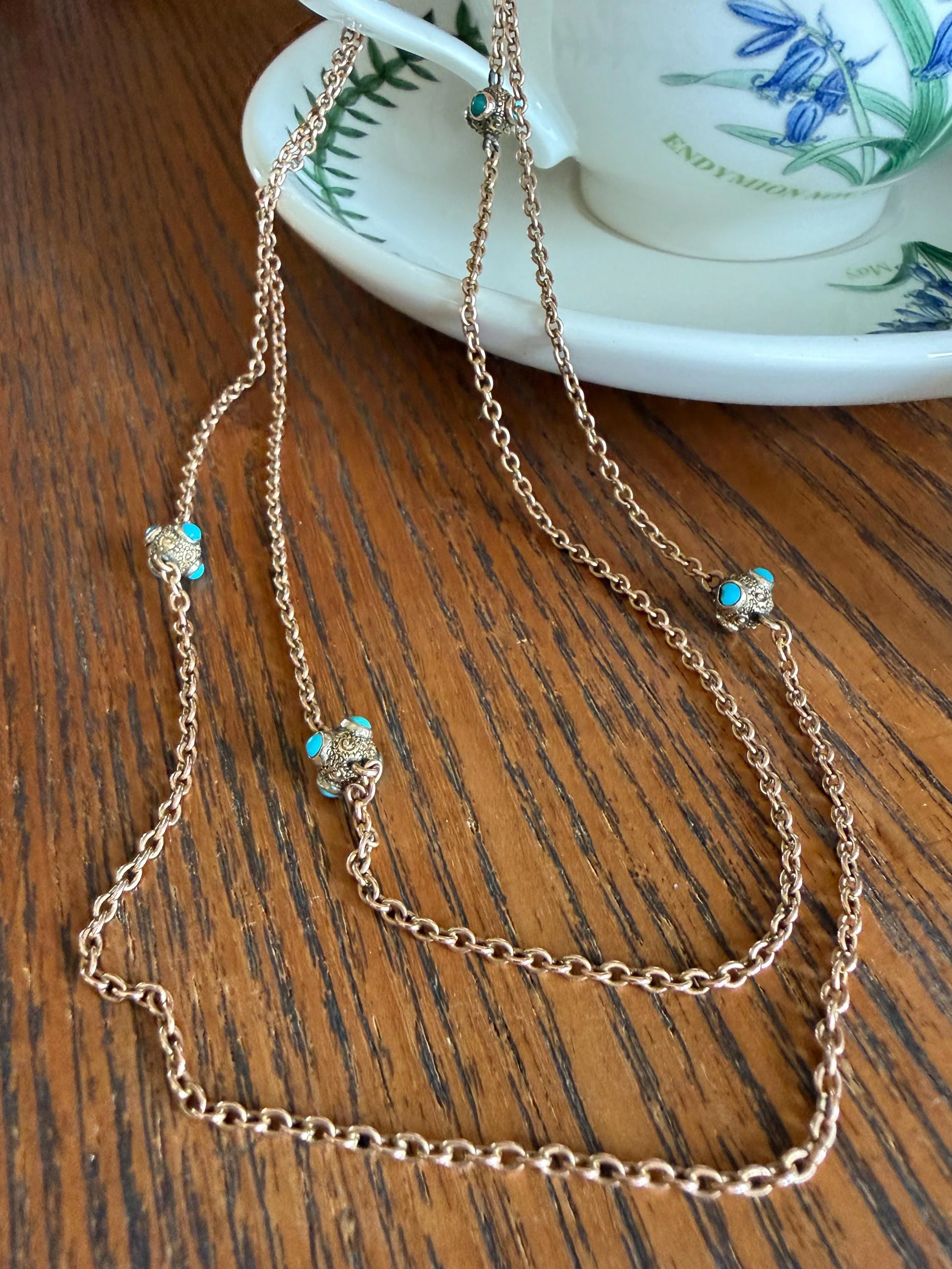 Victorian Antique TURQUOISE Station Chain Etruscan Revival 9k Rosy Gold Long Guard Muff Necklace
