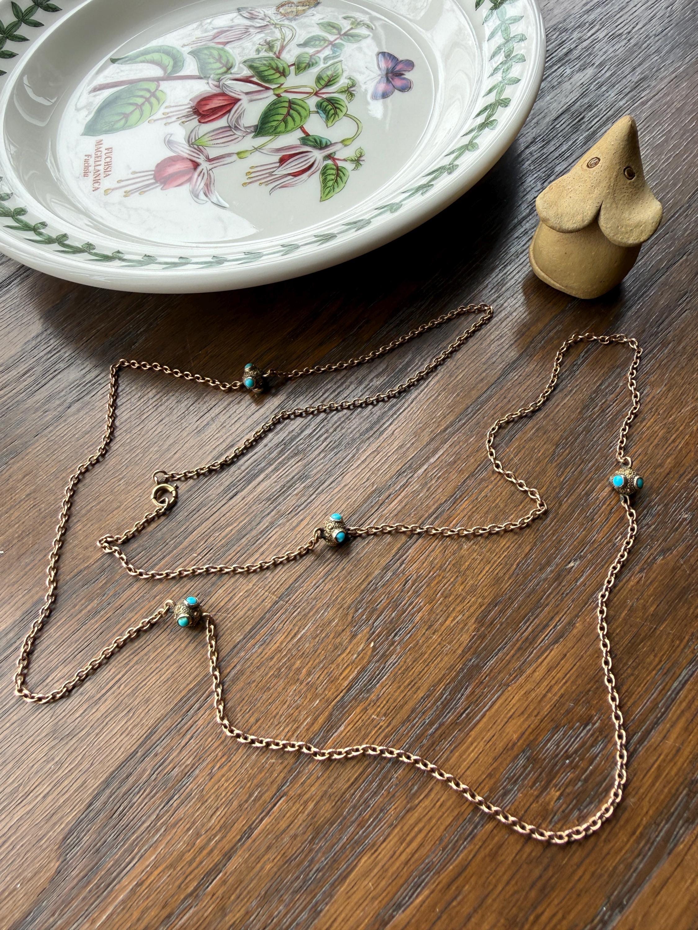 Victorian Antique TURQUOISE Station Chain Etruscan Revival 9k Rosy Gold Long Guard Muff Necklace - Image 10