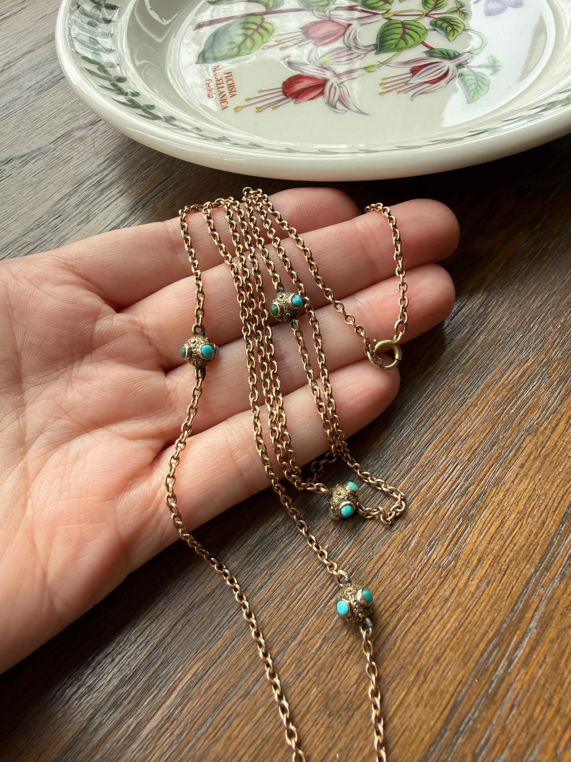 Victorian Antique TURQUOISE Station Chain Etruscan Revival 9k Rosy Gold Long Guard Muff Necklace - Image 11