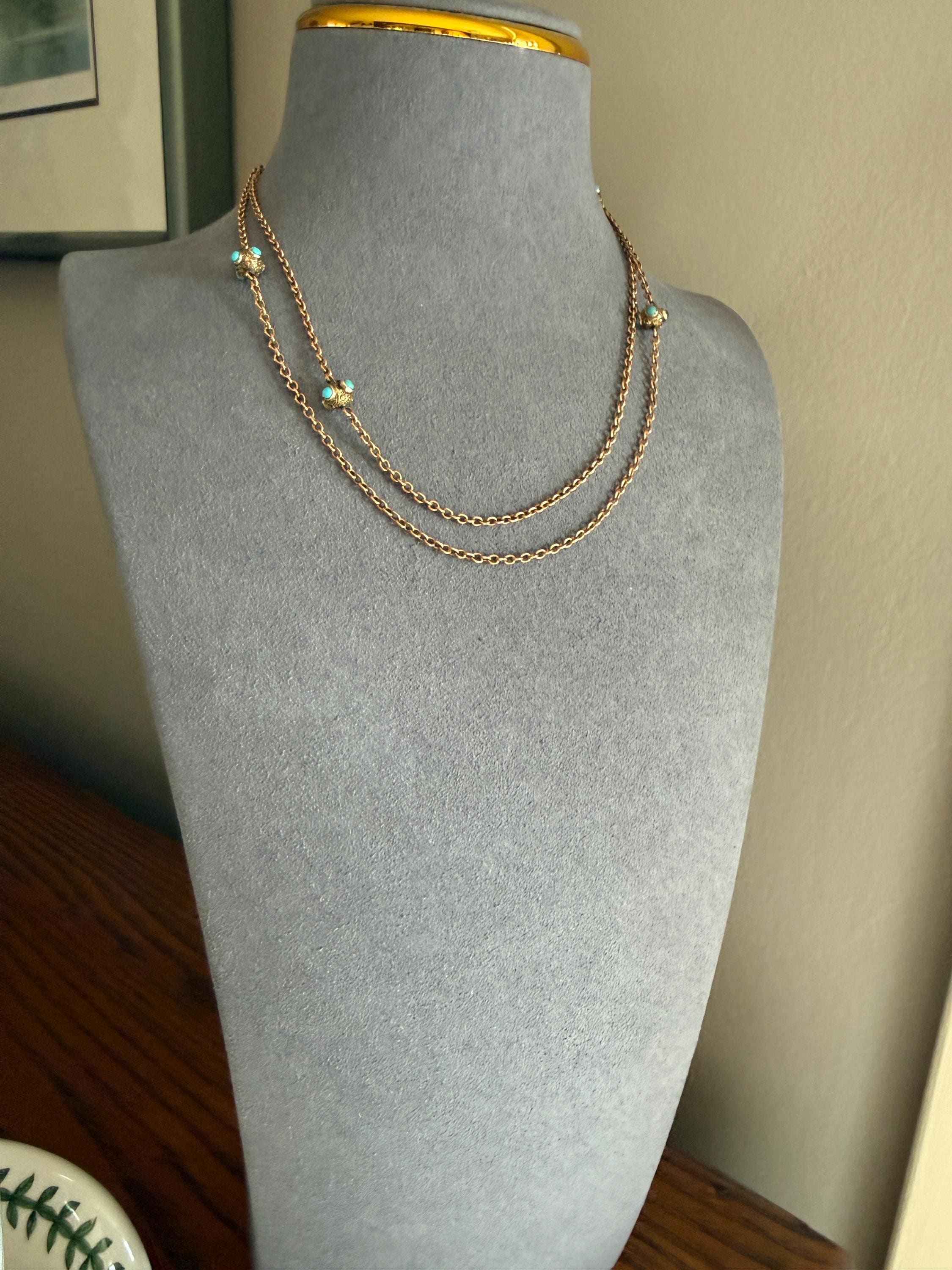 Victorian Antique TURQUOISE Station Chain Etruscan Revival 9k Rosy Gold Long Guard Muff Necklace - Image 2