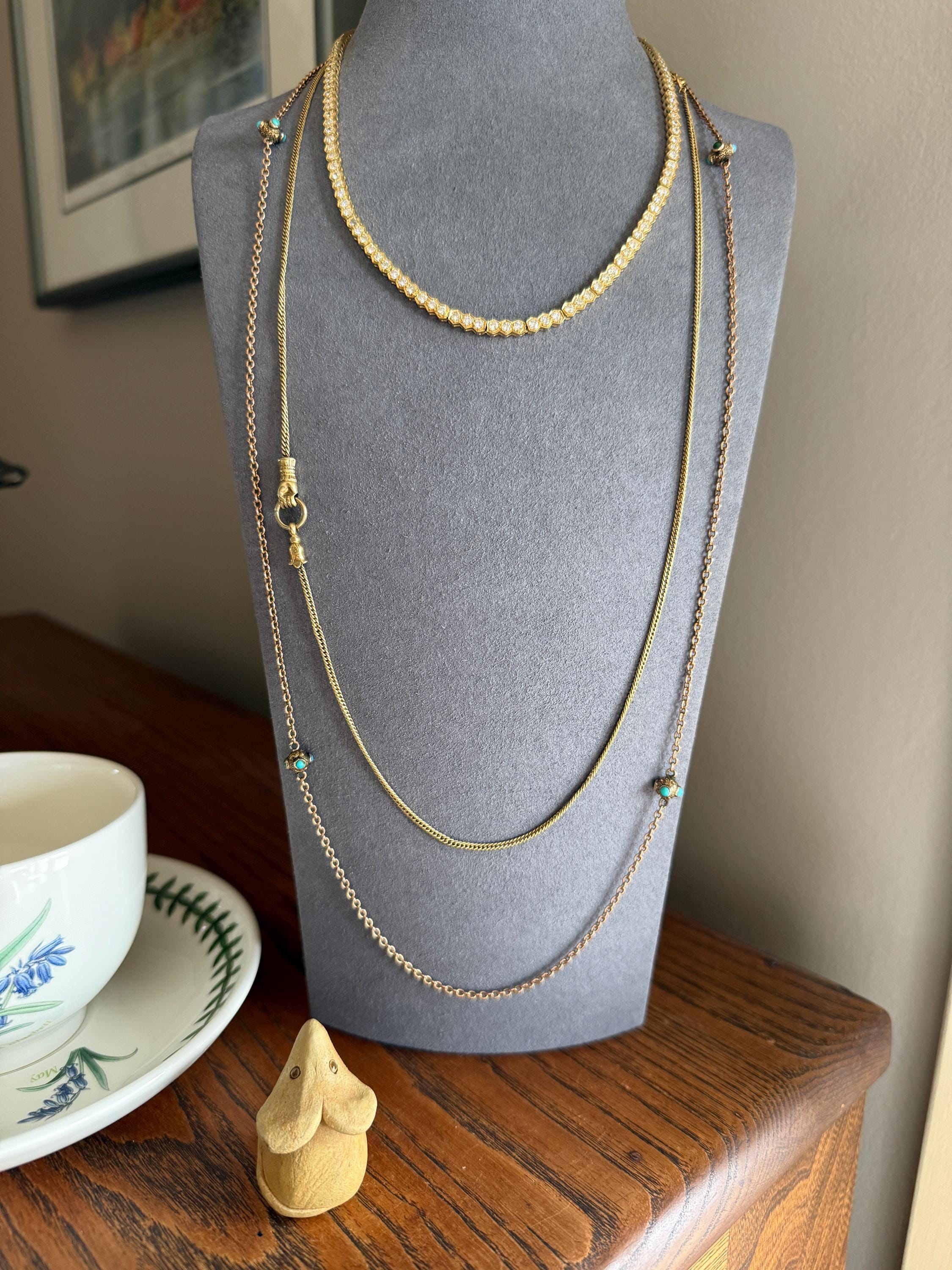Victorian Antique TURQUOISE Station Chain Etruscan Revival 9k Rosy Gold Long Guard Muff Necklace - Image 3