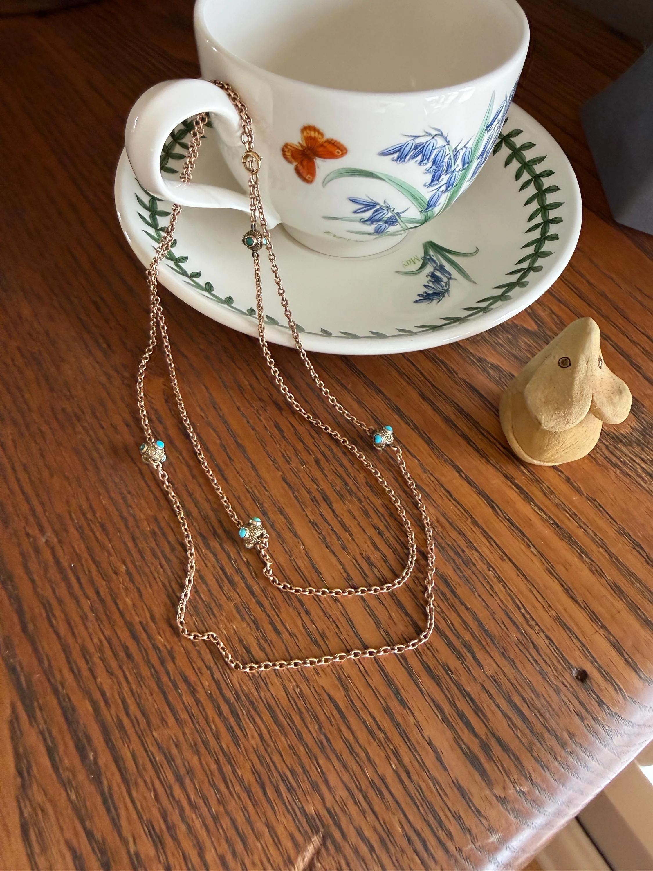 Victorian Antique TURQUOISE Station Chain Etruscan Revival 9k Rosy Gold Long Guard Muff Necklace - Image 4