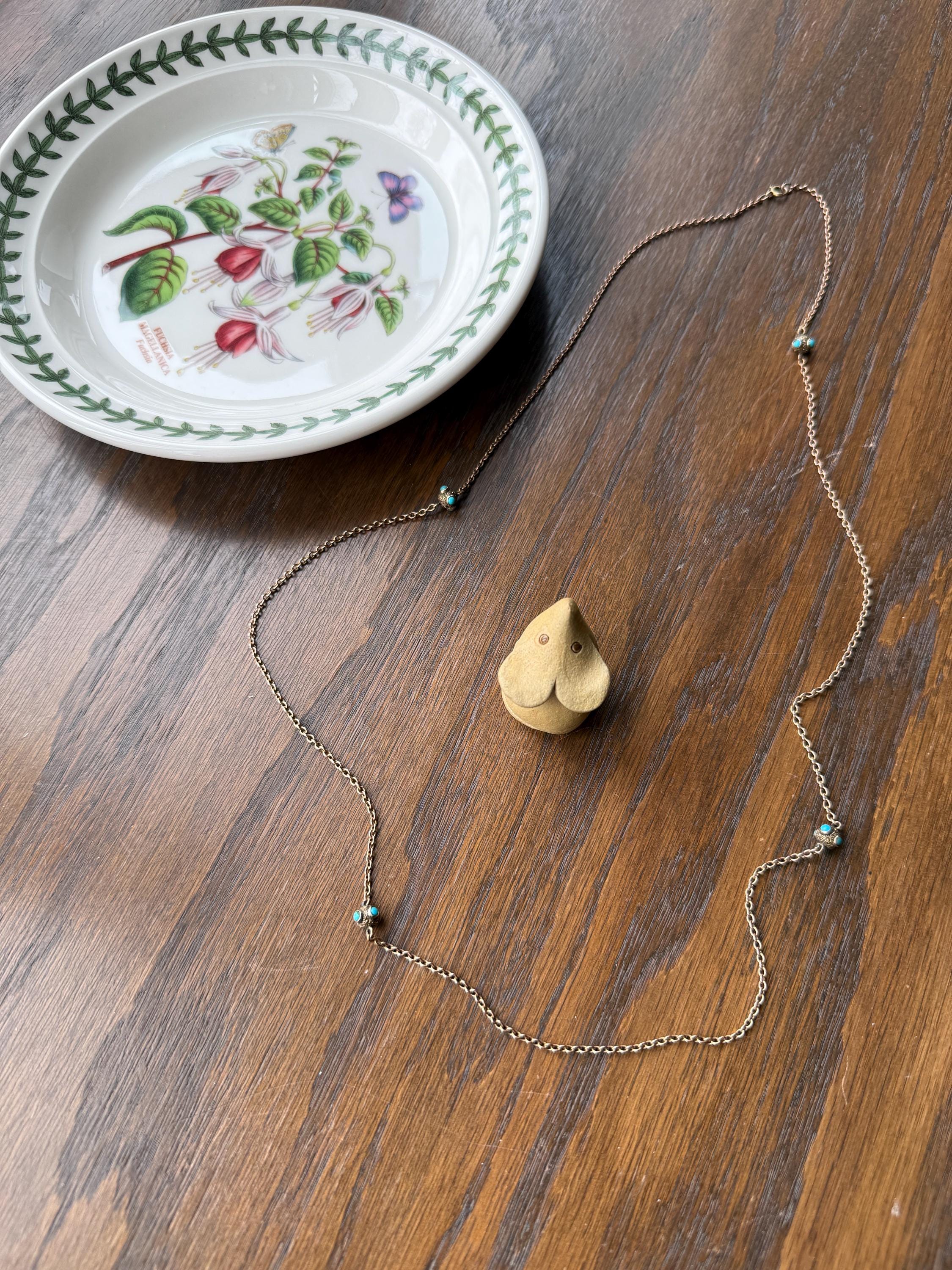 Victorian Antique TURQUOISE Station Chain Etruscan Revival 9k Rosy Gold Long Guard Muff Necklace - Image 5