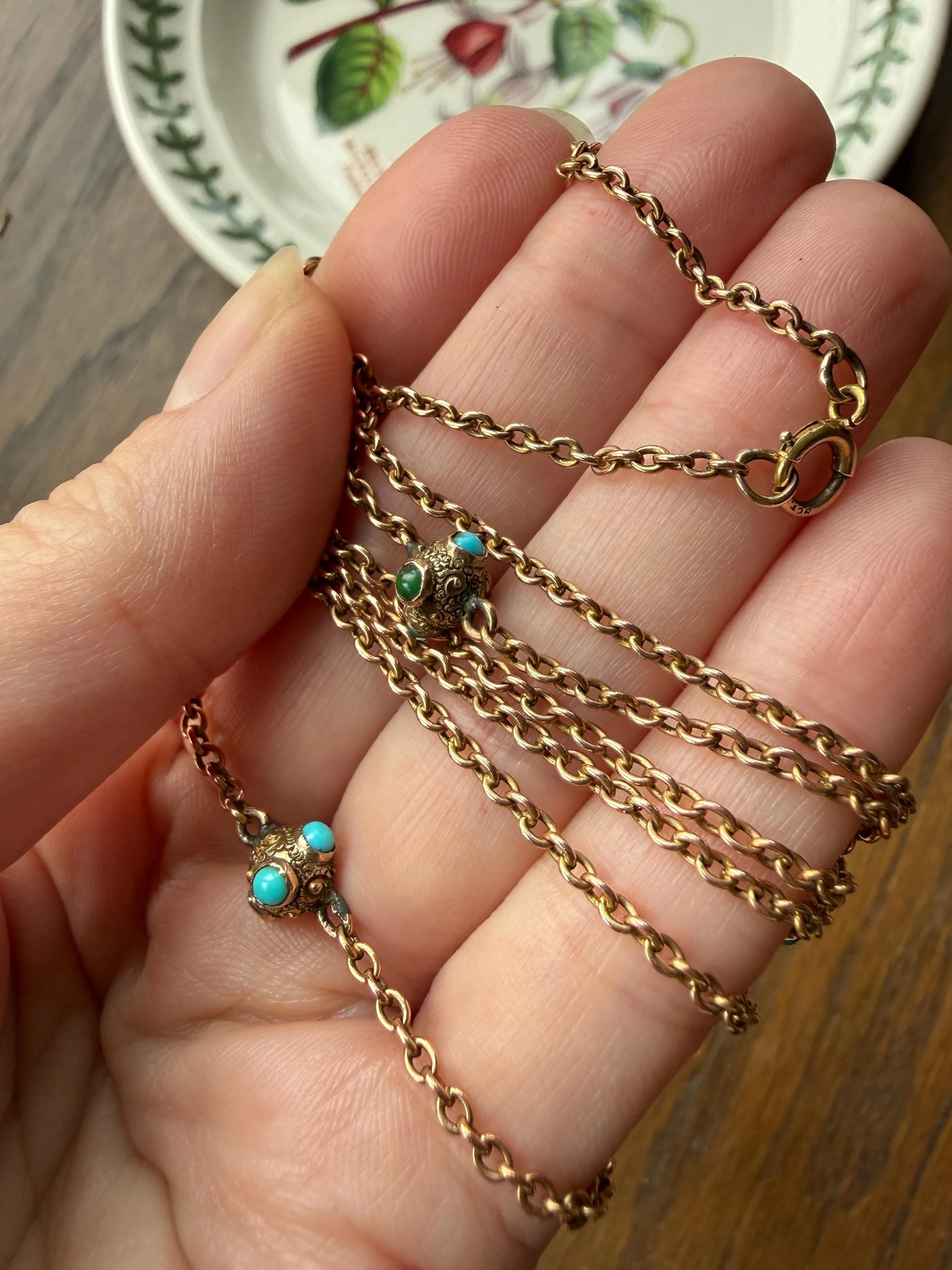 Victorian Antique TURQUOISE Station Chain Etruscan Revival 9k Rosy Gold Long Guard Muff Necklace - Image 6