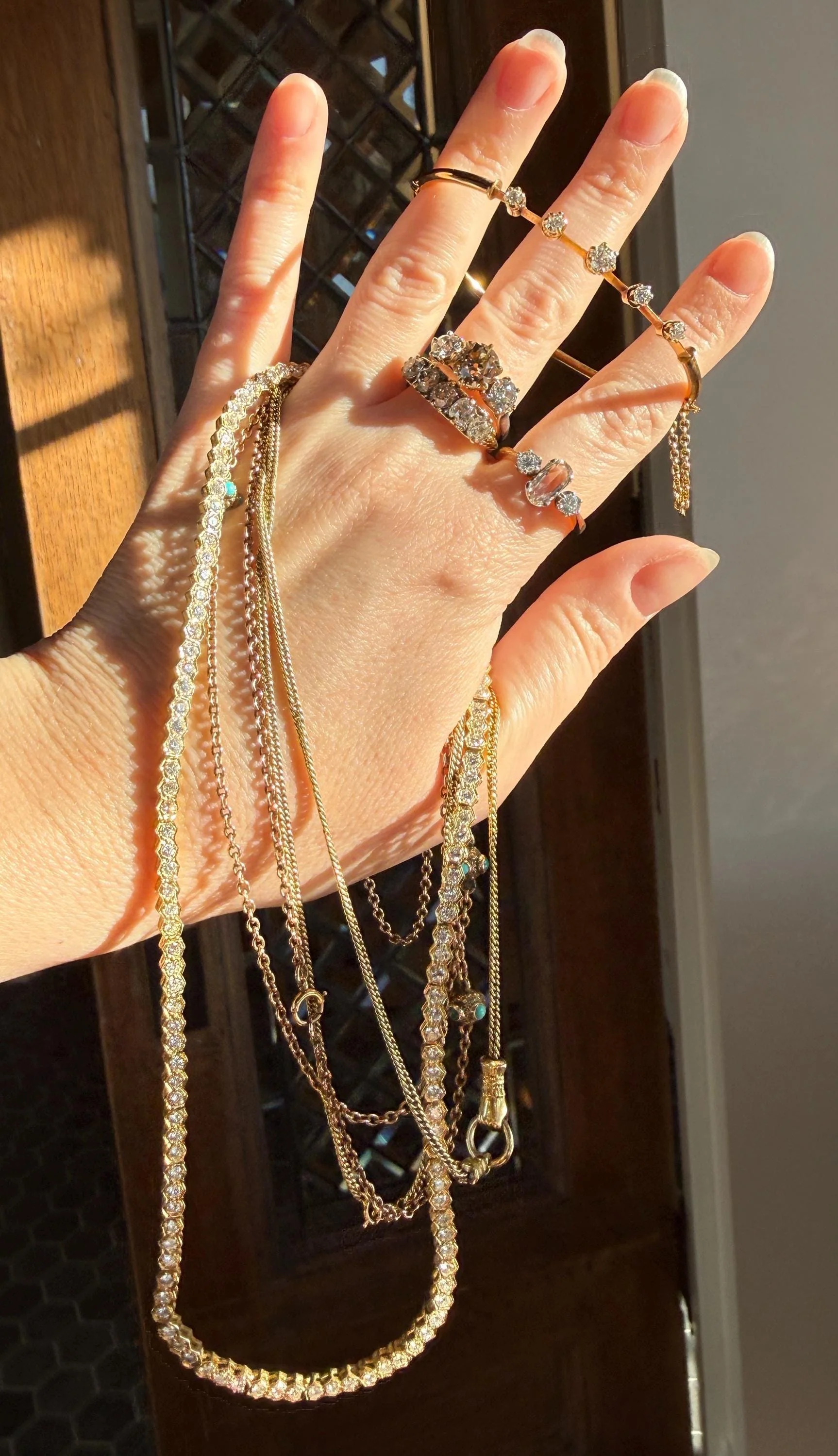 Victorian Antique TURQUOISE Station Chain Etruscan Revival 9k Rosy Gold Long Guard Muff Necklace - Image 7