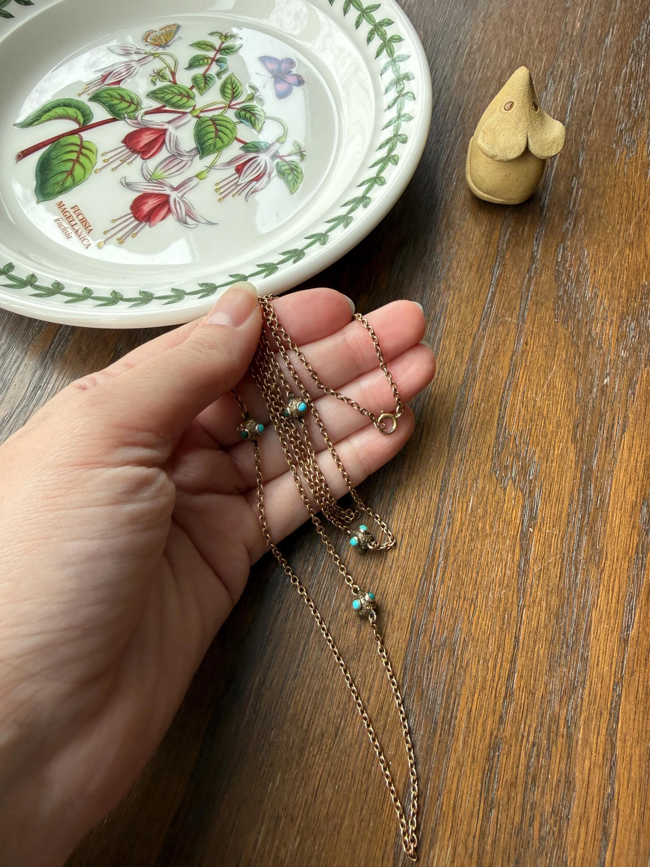 Victorian Antique TURQUOISE Station Chain Etruscan Revival 9k Rosy Gold Long Guard Muff Necklace - Image 9