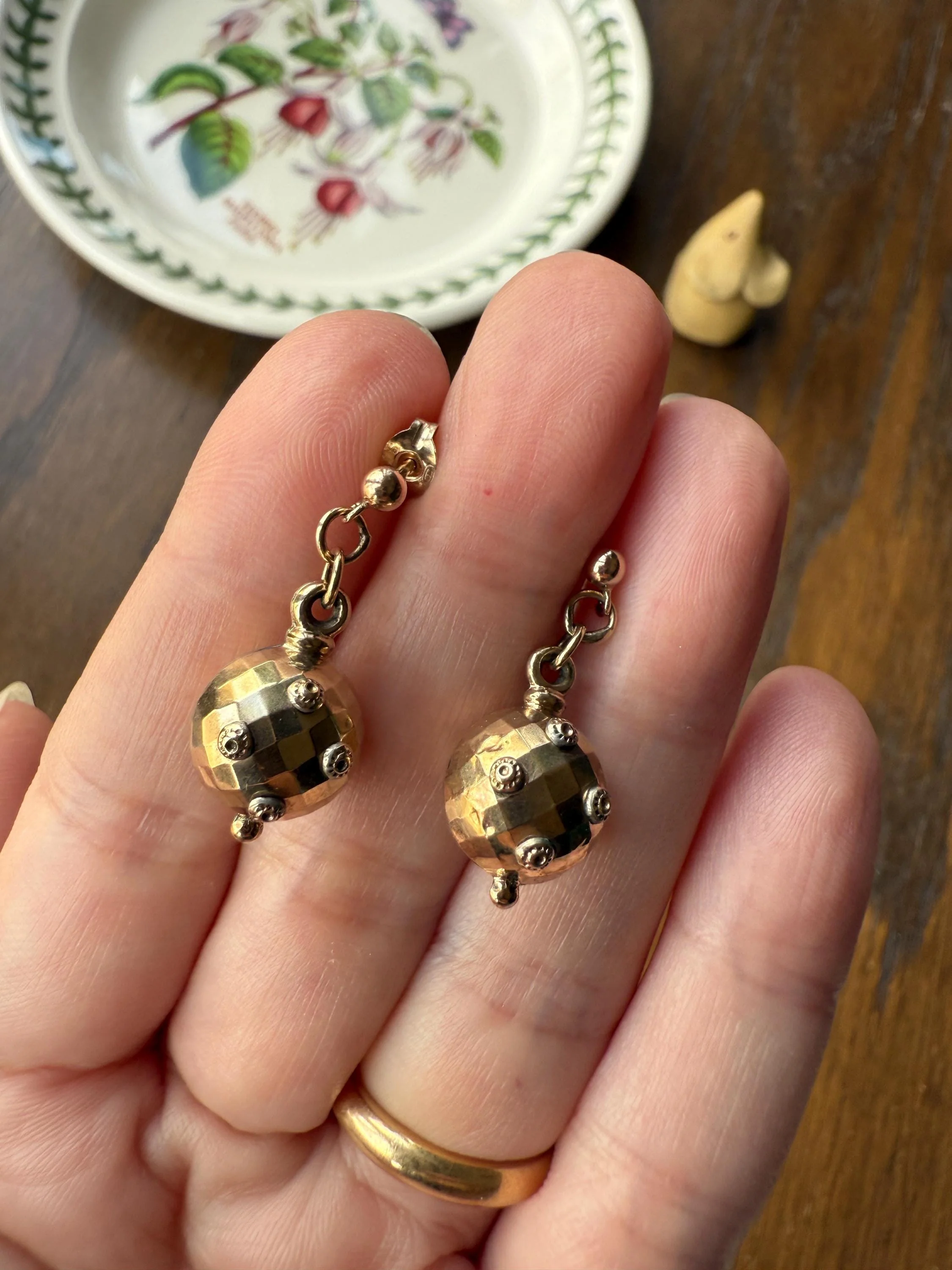 Victorian Faceted Sphere Circular 3D Victorian Spiked Dangle Earrings with Ball Rivet Sputnik Style but Antique 9k Gold Disco Ball Shimmer - Image 10