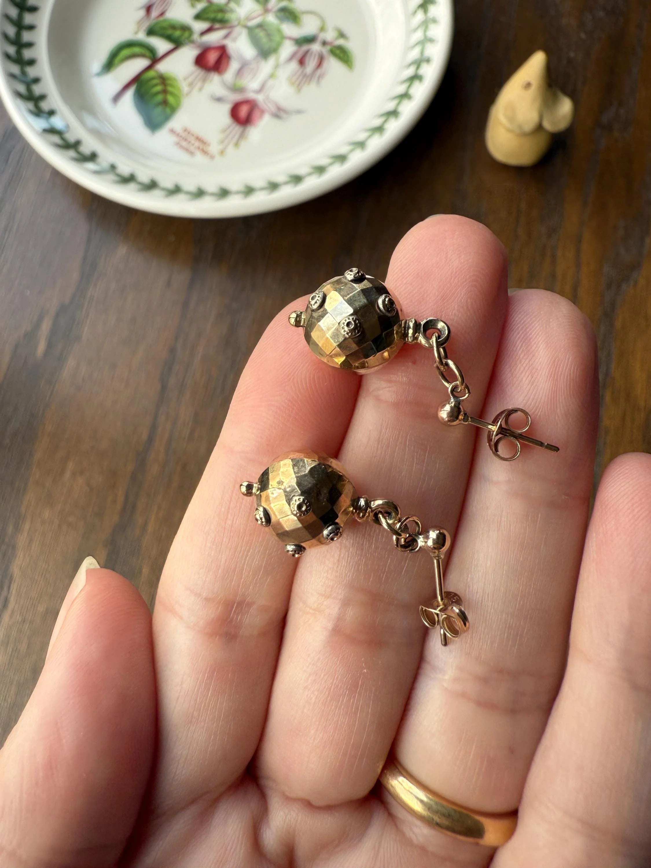 Victorian Faceted Sphere Circular 3D Victorian Spiked Dangle Earrings with Ball Rivet Sputnik Style but Antique 9k Gold Disco Ball Shimmer - Image 13