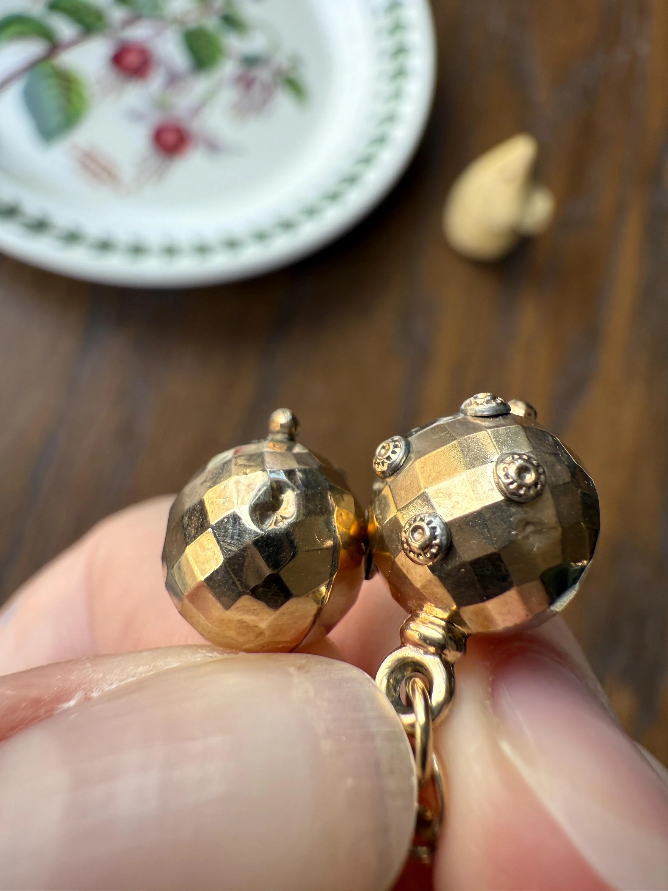 Victorian Faceted Sphere Circular 3D Victorian Spiked Dangle Earrings with Ball Rivet Sputnik Style but Antique 9k Gold Disco Ball Shimmer - Image 15