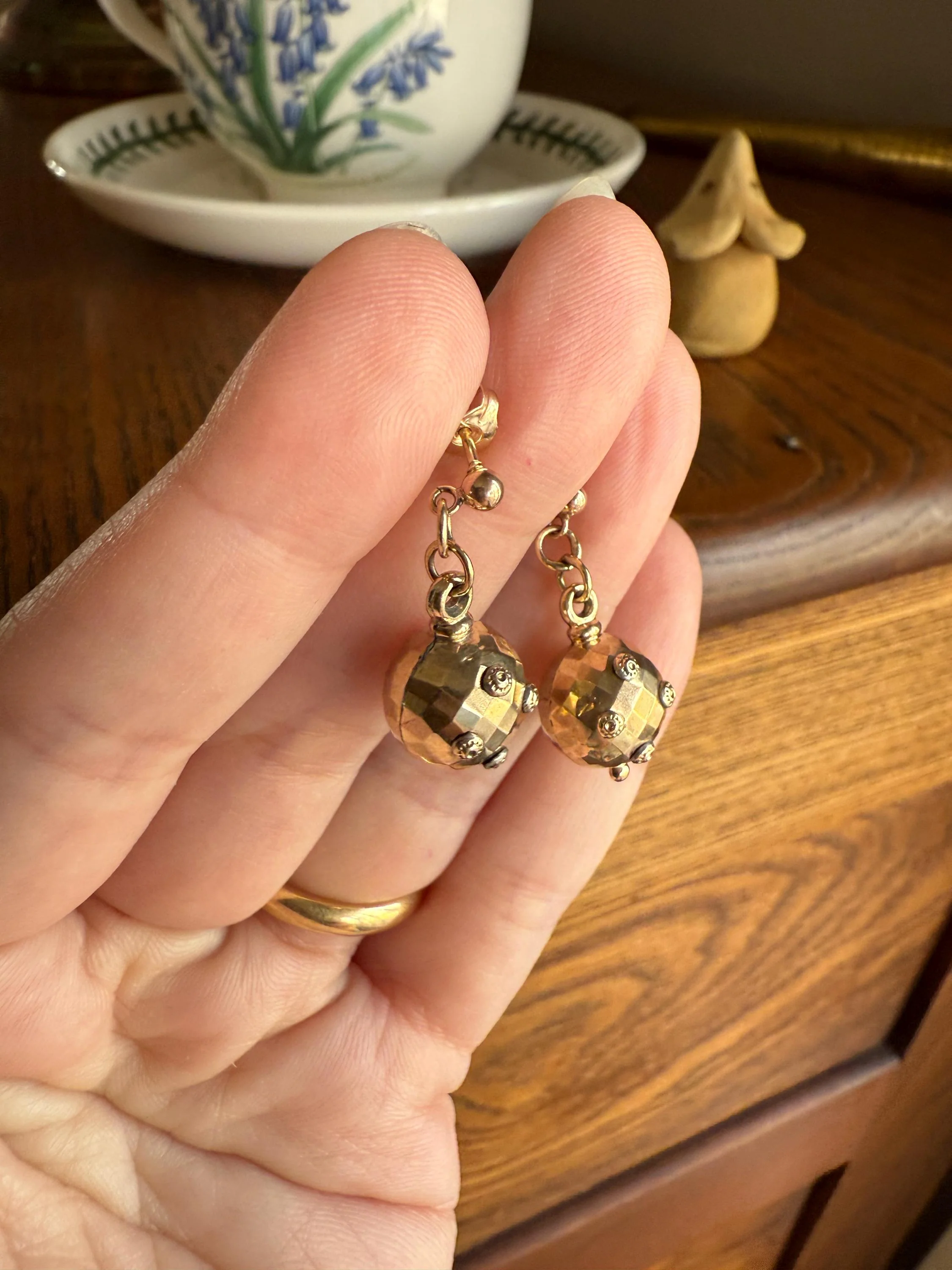 Victorian Faceted Sphere Circular 3D Victorian Spiked Dangle Earrings with Ball Rivet Sputnik Style but Antique 9k Gold Disco Ball Shimmer - Image 8