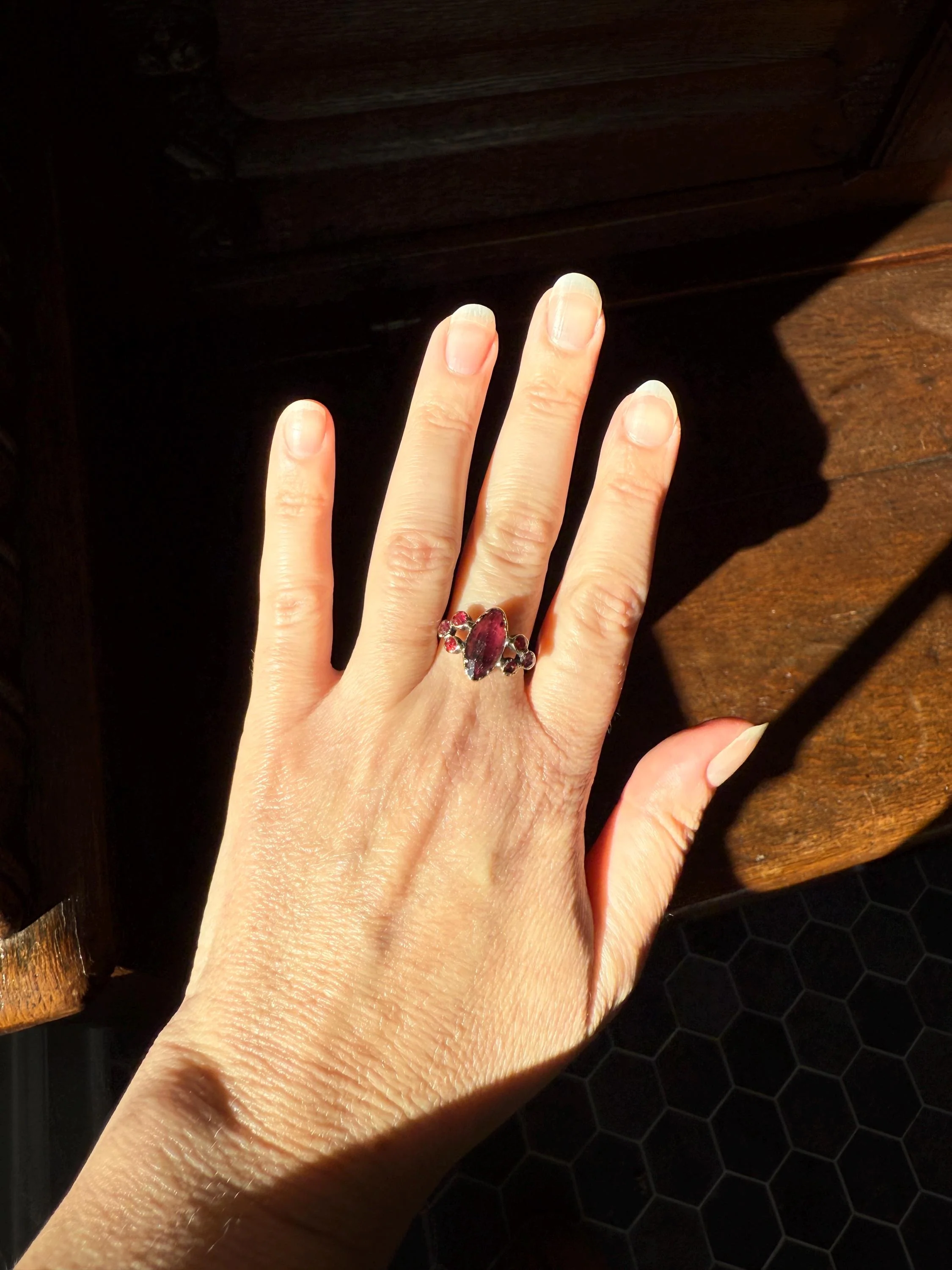 Victorian Perpignan Rose Cut GARNET French Seven Stone Ring Marquise & Round Betrothal Band 18k Gold Antique Period Hallmark Juicy Glow Red - Image 10