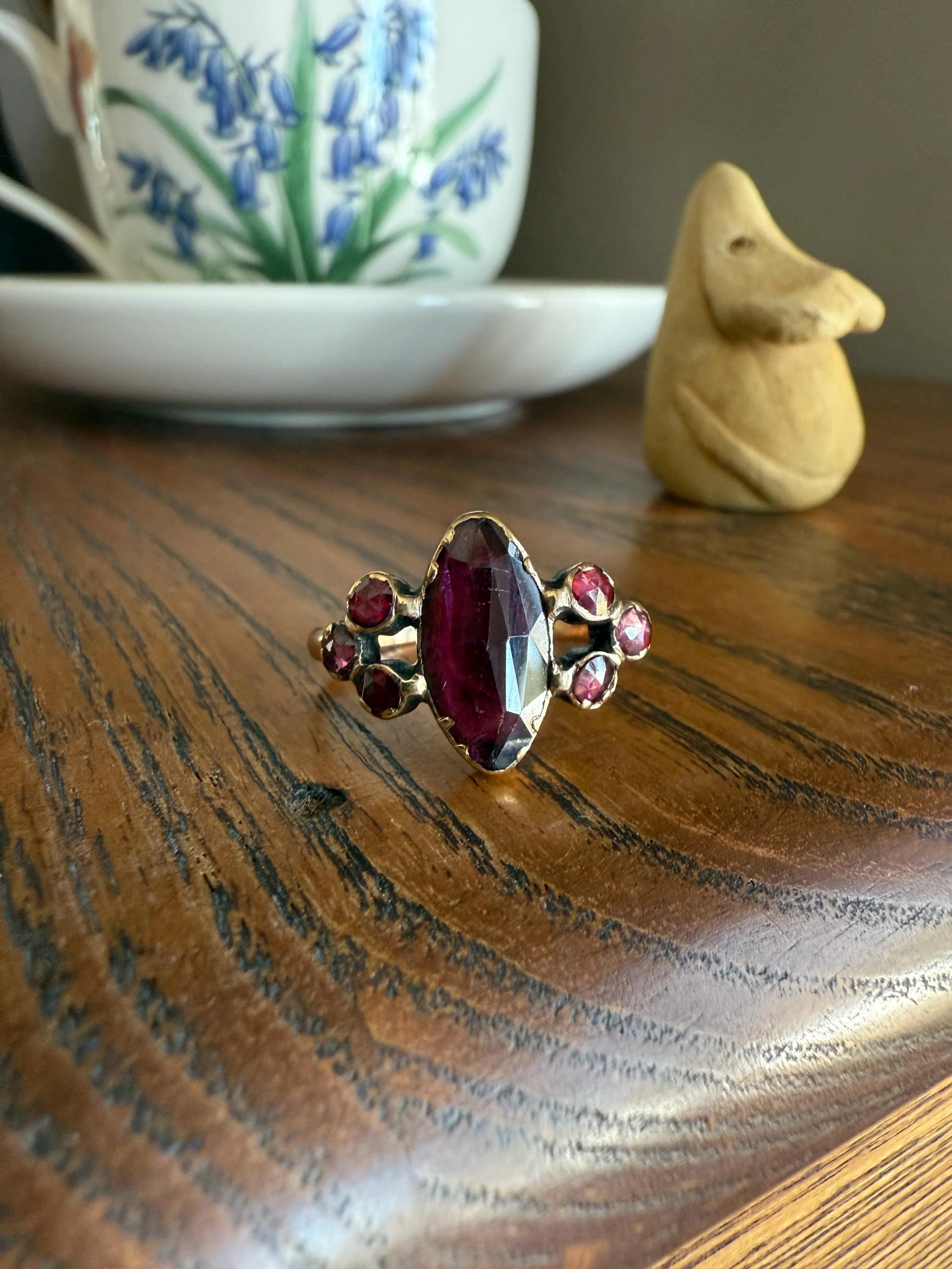 Victorian Perpignan Rose Cut GARNET French Seven Stone Ring Marquise & Round Betrothal Band 18k Gold Antique Period Hallmark Juicy Glow Red - Image 11