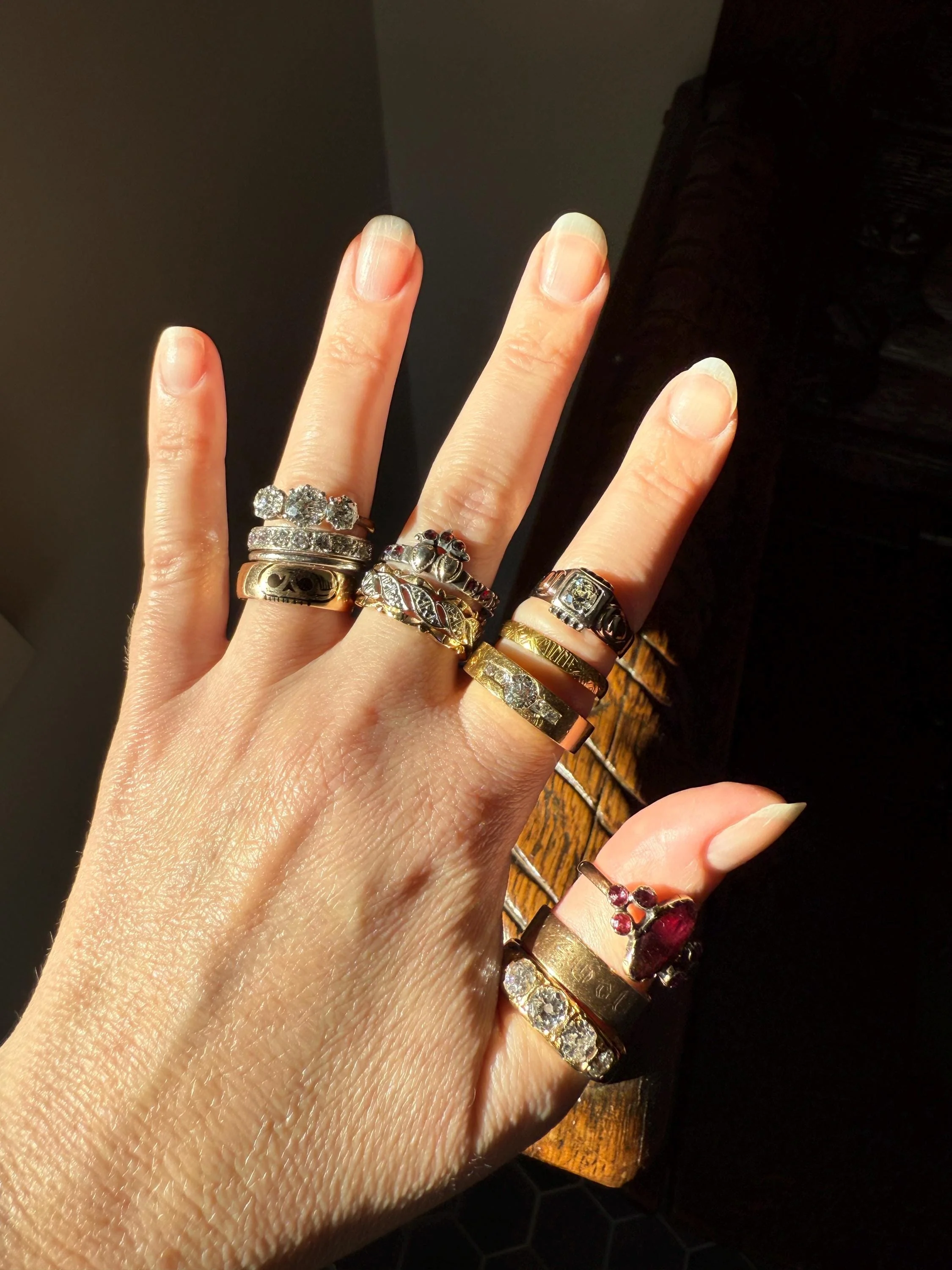Victorian Perpignan Rose Cut GARNET French Seven Stone Ring Marquise & Round Betrothal Band 18k Gold Antique Period Hallmark Juicy Glow Red - Image 15