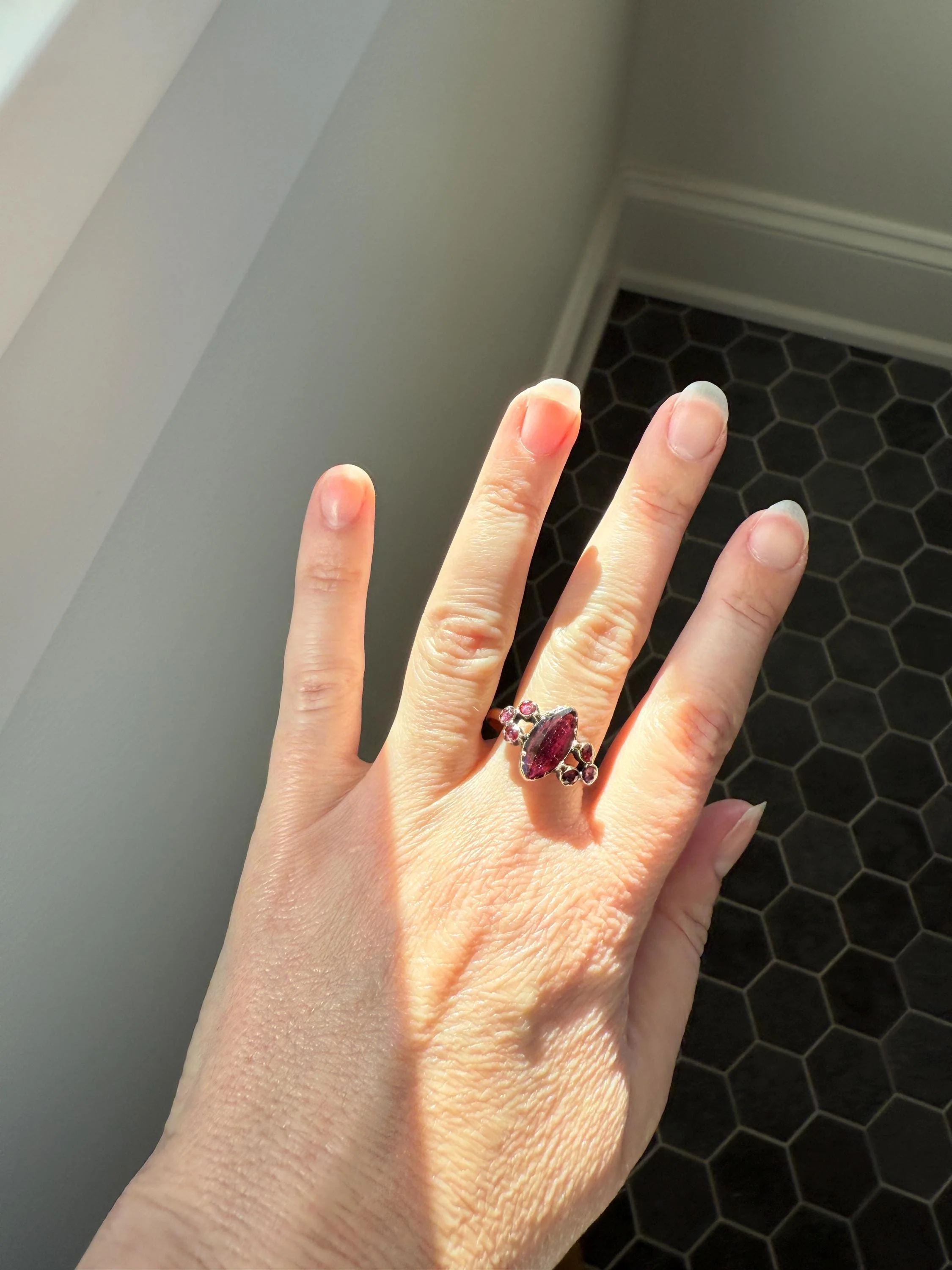 Victorian Perpignan Rose Cut GARNET French Seven Stone Ring Marquise & Round Betrothal Band 18k Gold Antique Period Hallmark Juicy Glow Red - Image 2