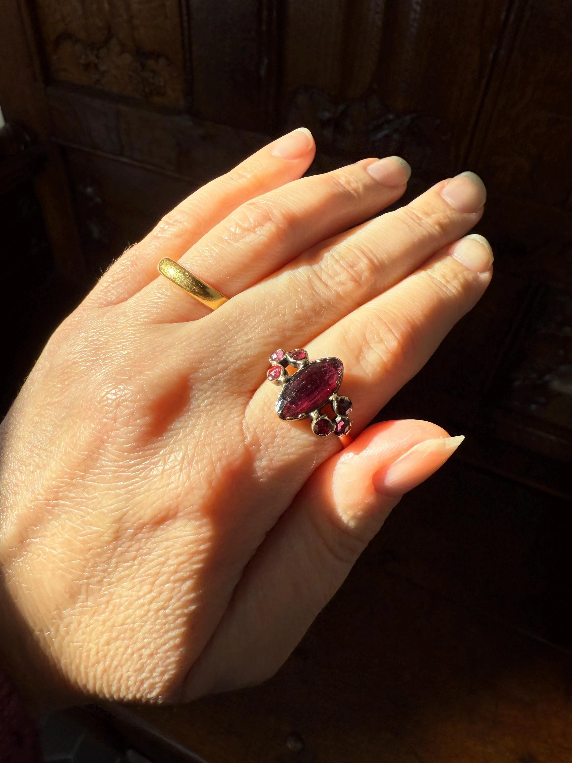 Victorian Perpignan Rose Cut GARNET French Seven Stone Ring Marquise & Round Betrothal Band 18k Gold Antique Period Hallmark Juicy Glow Red - Image 3