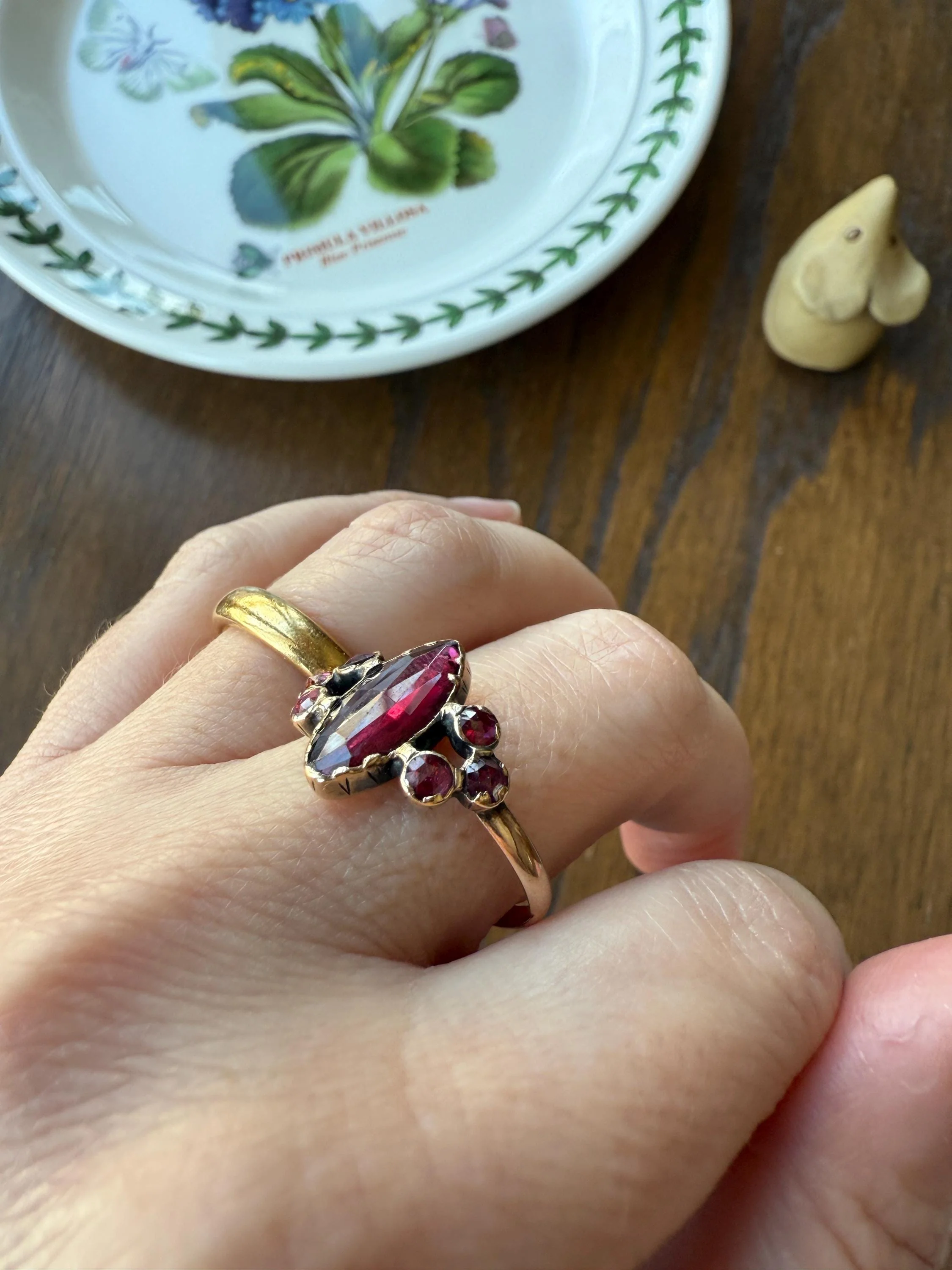 Victorian Perpignan Rose Cut GARNET French Seven Stone Ring Marquise & Round Betrothal Band 18k Gold Antique Period Hallmark Juicy Glow Red - Image 4