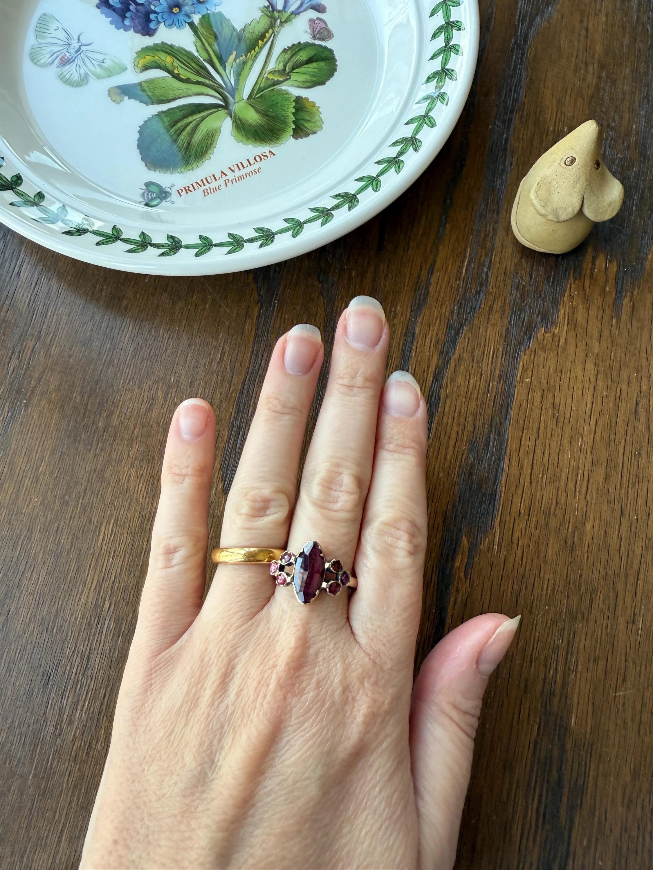Victorian Perpignan Rose Cut GARNET French Seven Stone Ring Marquise & Round Betrothal Band 18k Gold Antique Period Hallmark Juicy Glow Red - Image 5