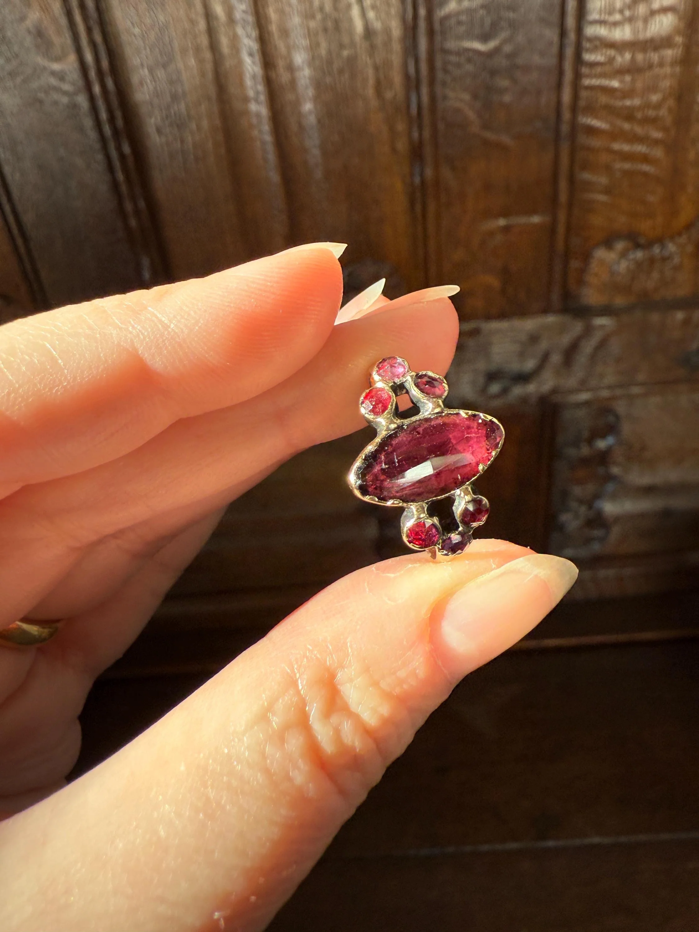 Victorian Perpignan Rose Cut GARNET French Seven Stone Ring Marquise & Round Betrothal Band 18k Gold Antique Period Hallmark Juicy Glow Red - Image 7