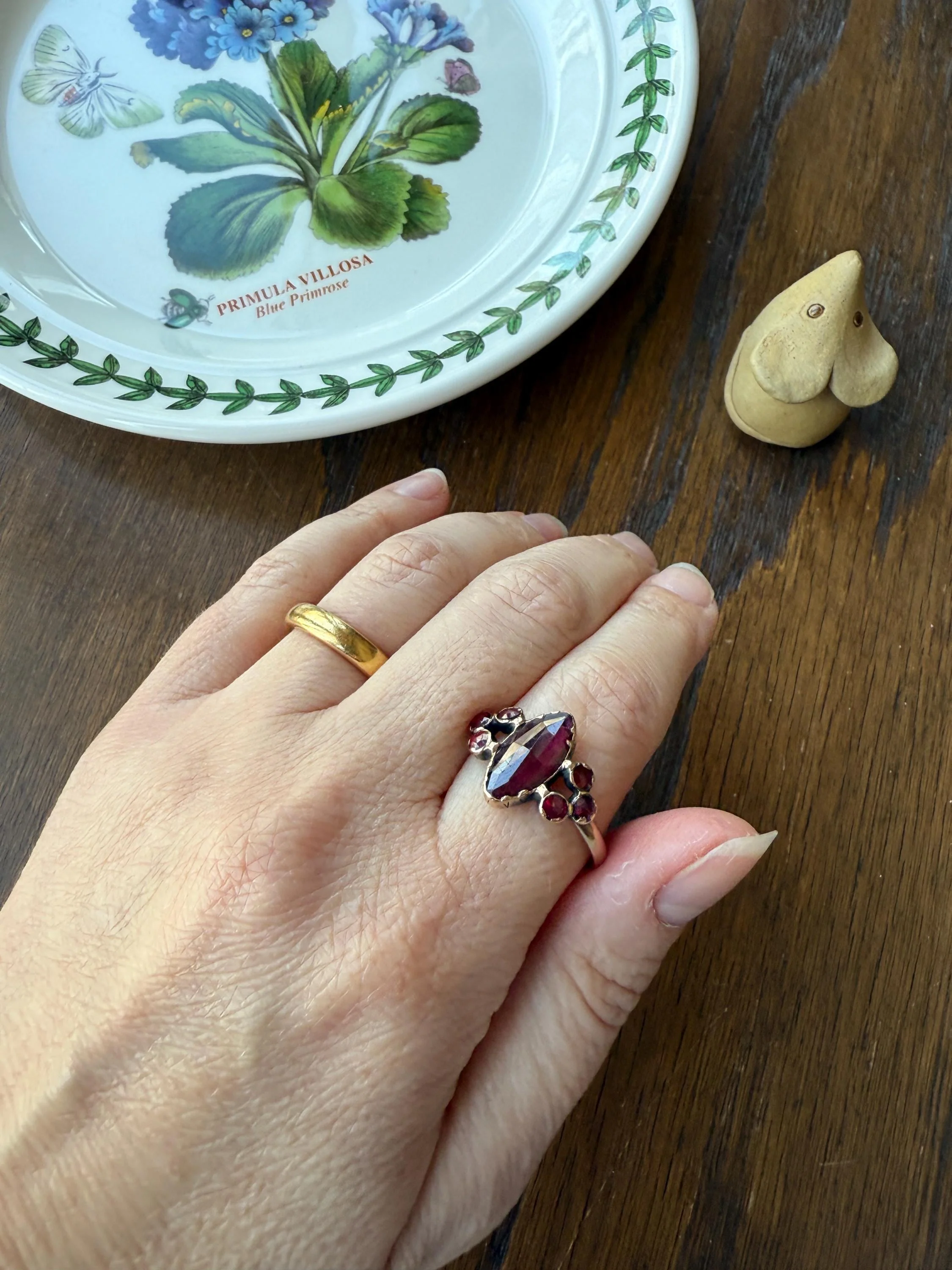 Victorian Perpignan Rose Cut GARNET French Seven Stone Ring Marquise & Round Betrothal Band 18k Gold Antique Period Hallmark Juicy Glow Red - Image 8