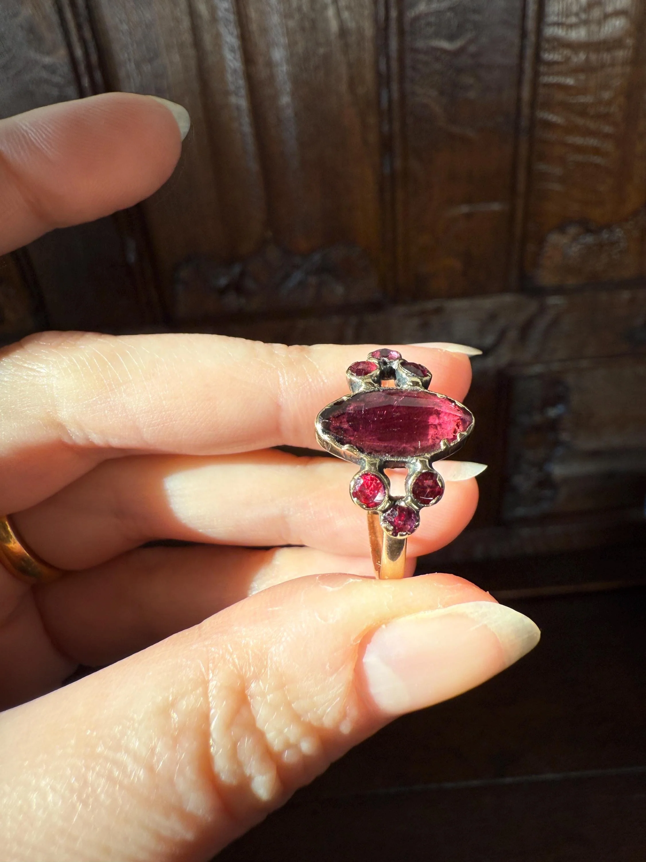 Victorian Perpignan Rose Cut GARNET French Seven Stone Ring Marquise & Round Betrothal Band 18k Gold Antique Period Hallmark Juicy Glow Red - Image 9
