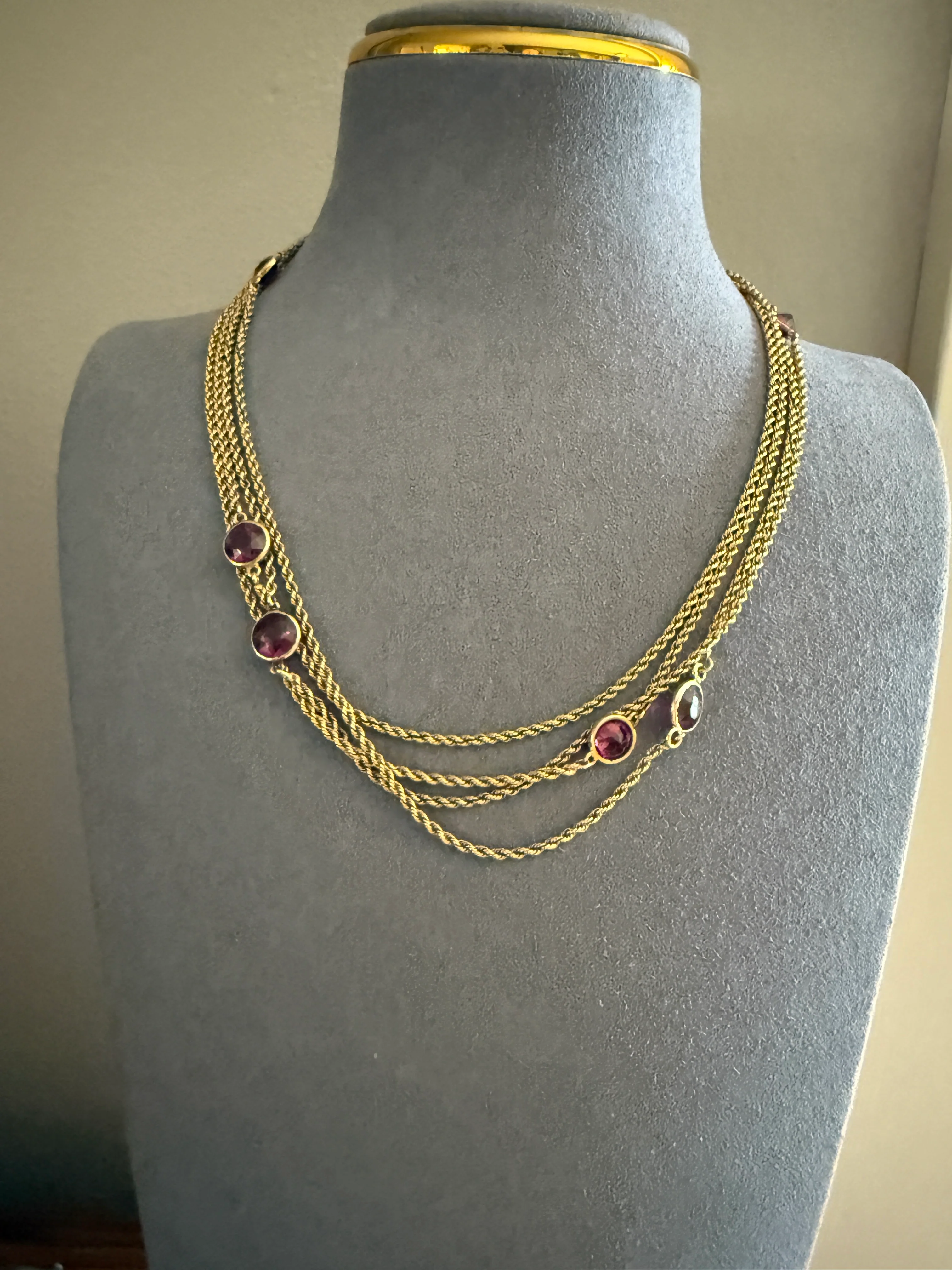 Victorian X Long Antique GARNET Station Chain Guard 67 Inch (!) 5.5 FEET 22g 14k GOLD Necklace Berry Pink Purple Neckmess Body Chain Gift - Image 15