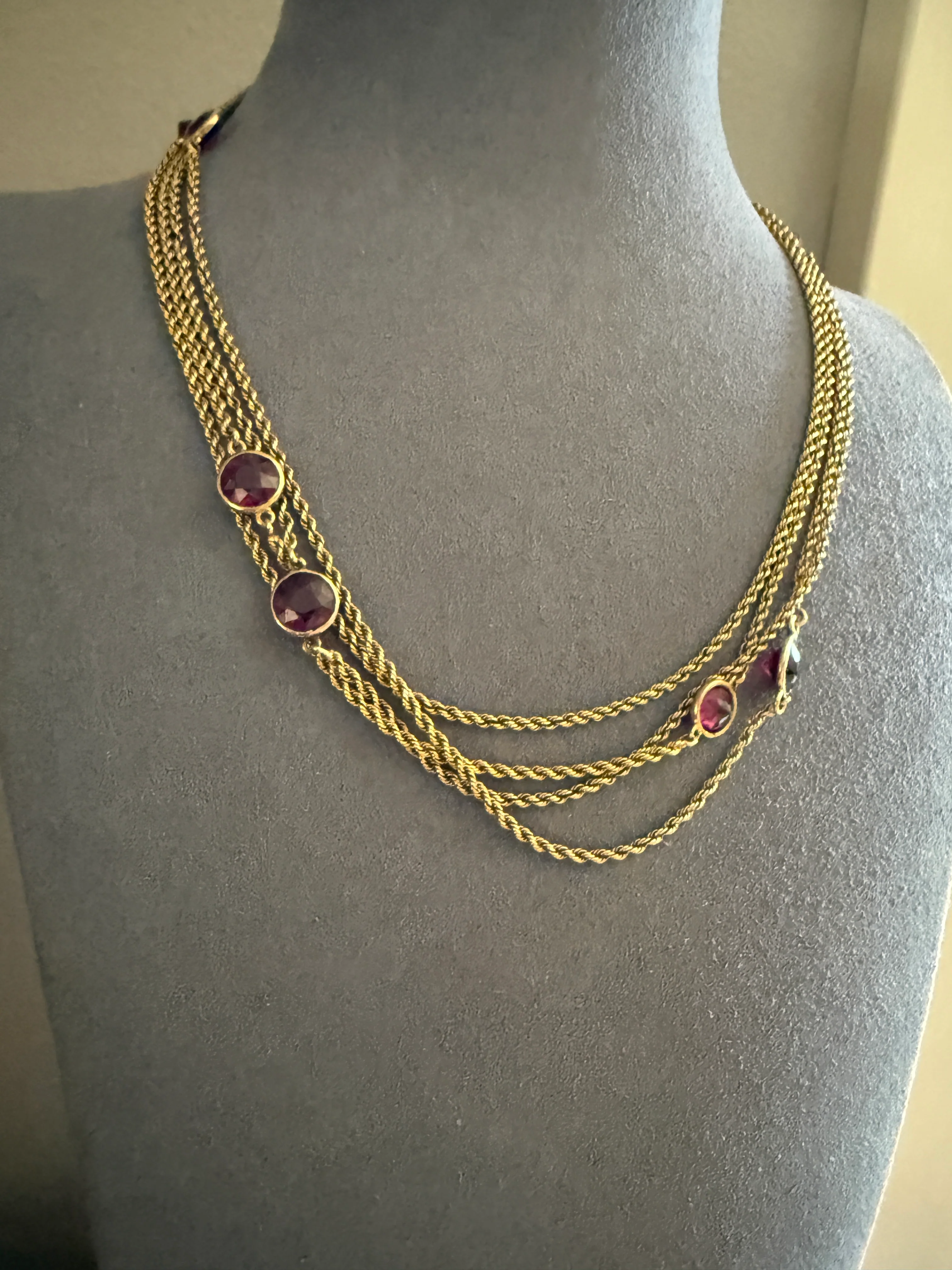 Victorian X Long Antique GARNET Station Chain Guard 67 Inch (!) 5.5 FEET 22g 14k GOLD Necklace Berry Pink Purple Neckmess Body Chain Gift - Image 17