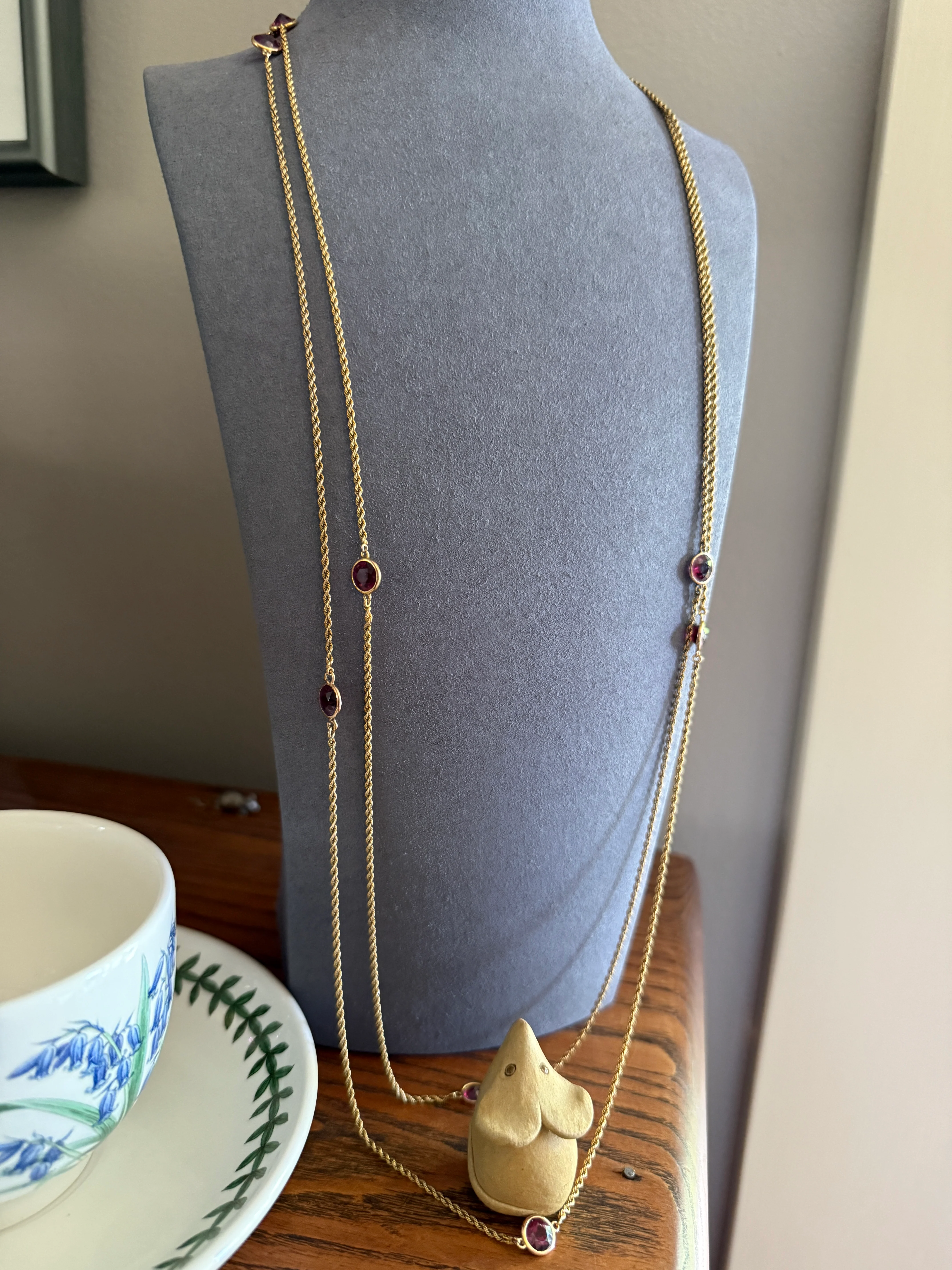 Victorian X Long Antique GARNET Station Chain Guard 67 Inch (!) 5.5 FEET 22g 14k GOLD Necklace Berry Pink Purple Neckmess Body Chain Gift - Image 18