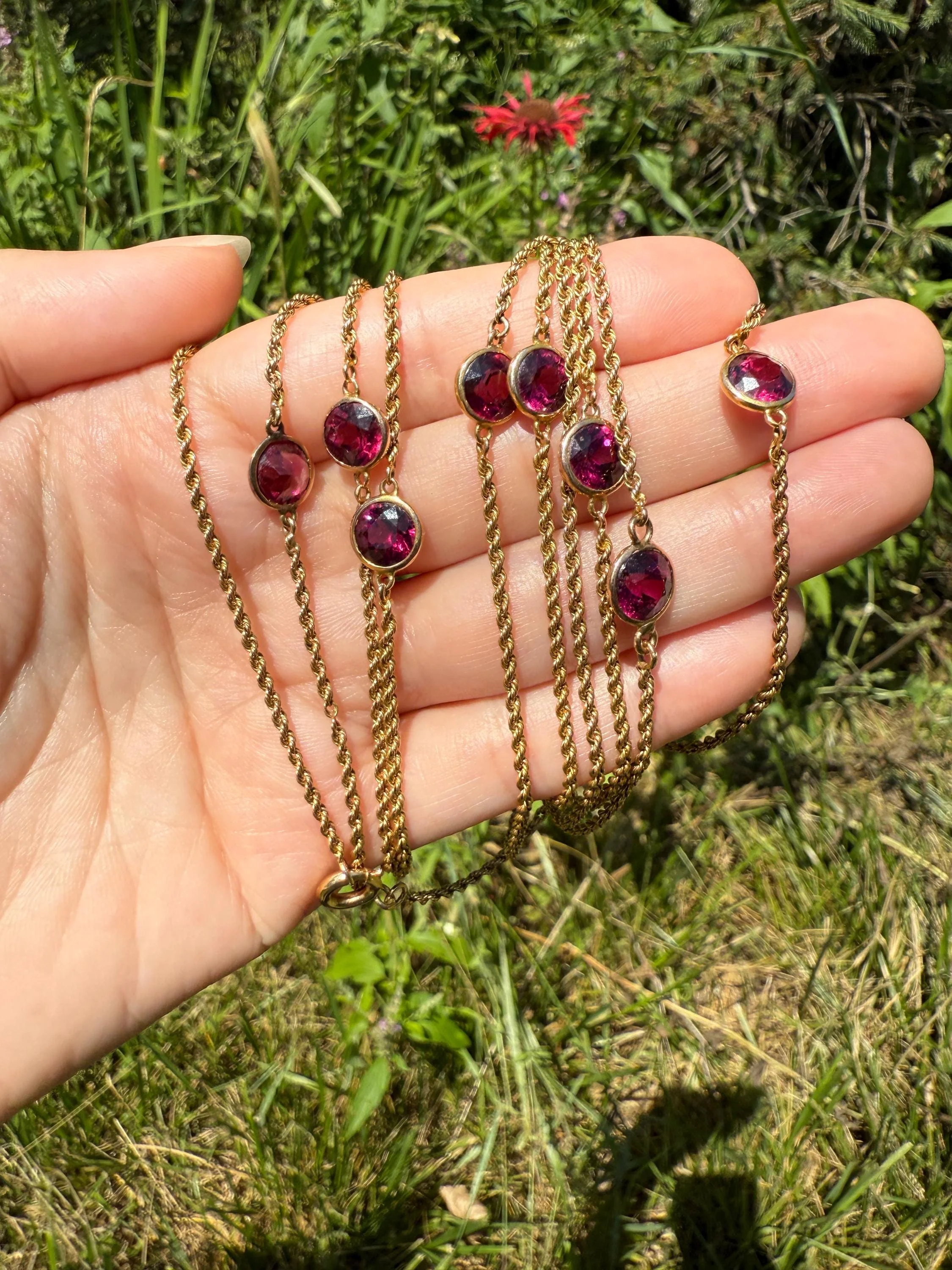 Victorian X Long Antique GARNET Station Chain Guard 67 Inch (!) 5.5 FEET 22g 14k GOLD Necklace Berry Pink Purple Neckmess Body Chain Gift - Image 2