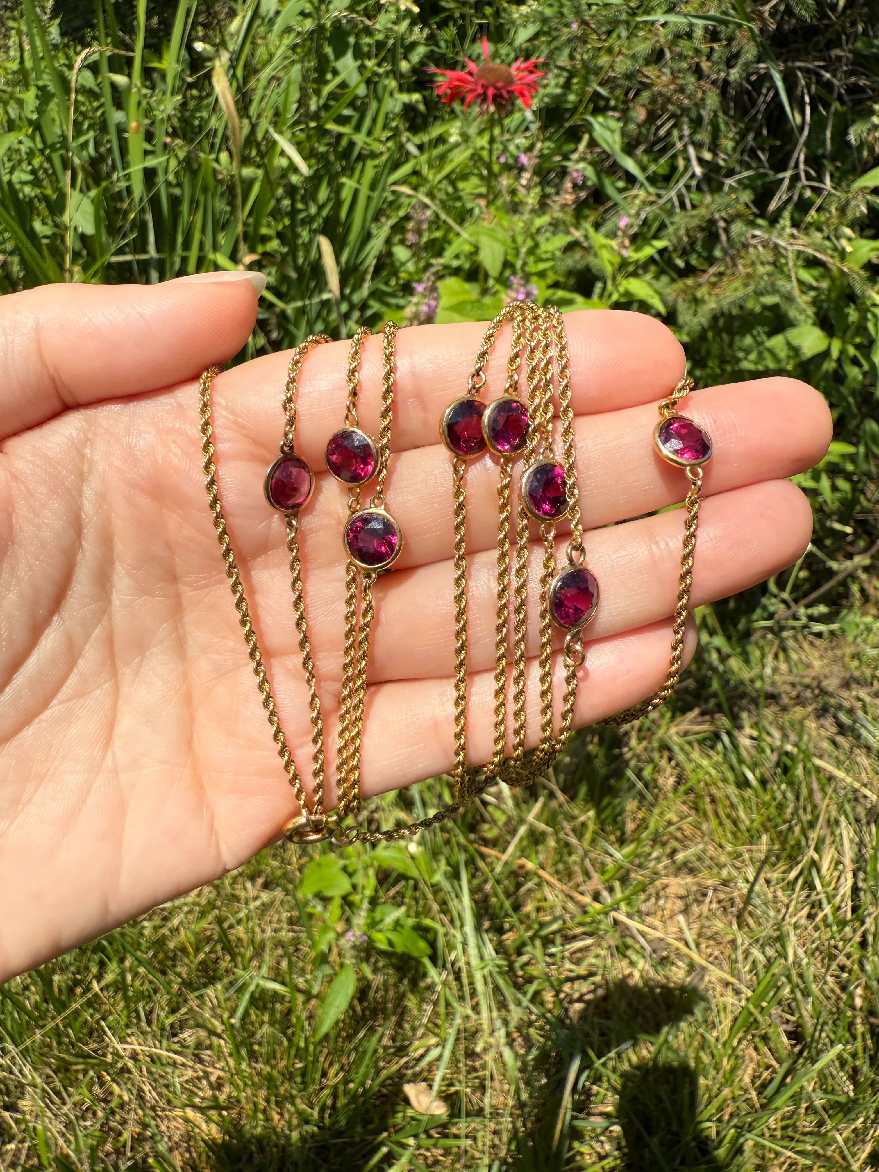 Victorian X Long Antique GARNET Station Chain Guard 67 Inch (!) 5.5 FEET 22g 14k GOLD Necklace Berry Pink Purple Neckmess Body Chain Gift - Image 23