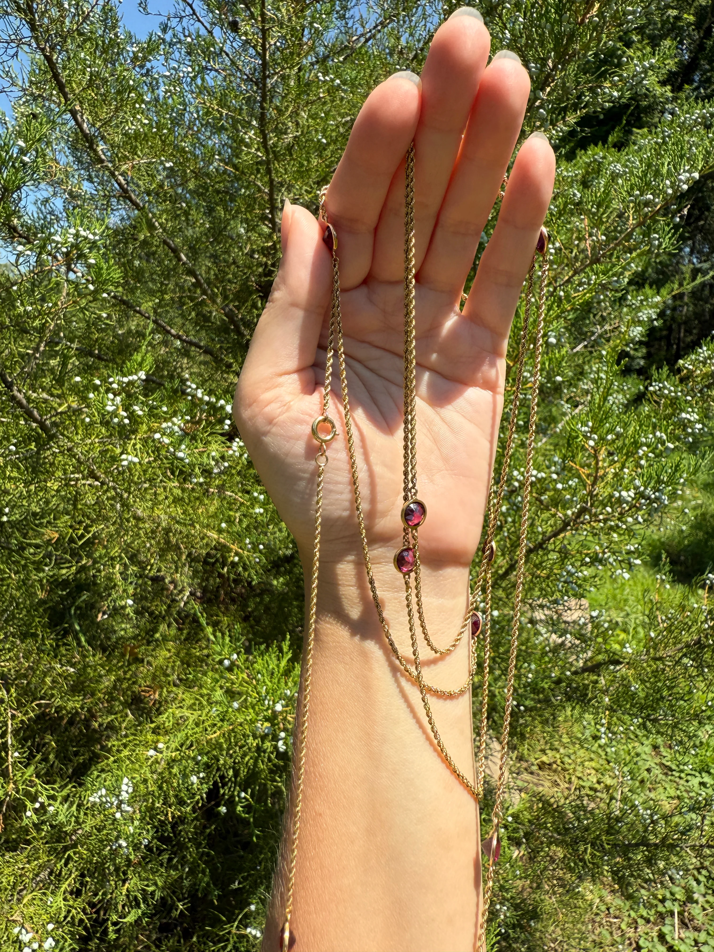 Victorian X Long Antique GARNET Station Chain Guard 67 Inch (!) 5.5 FEET 22g 14k GOLD Necklace Berry Pink Purple Neckmess Body Chain Gift - Image 26
