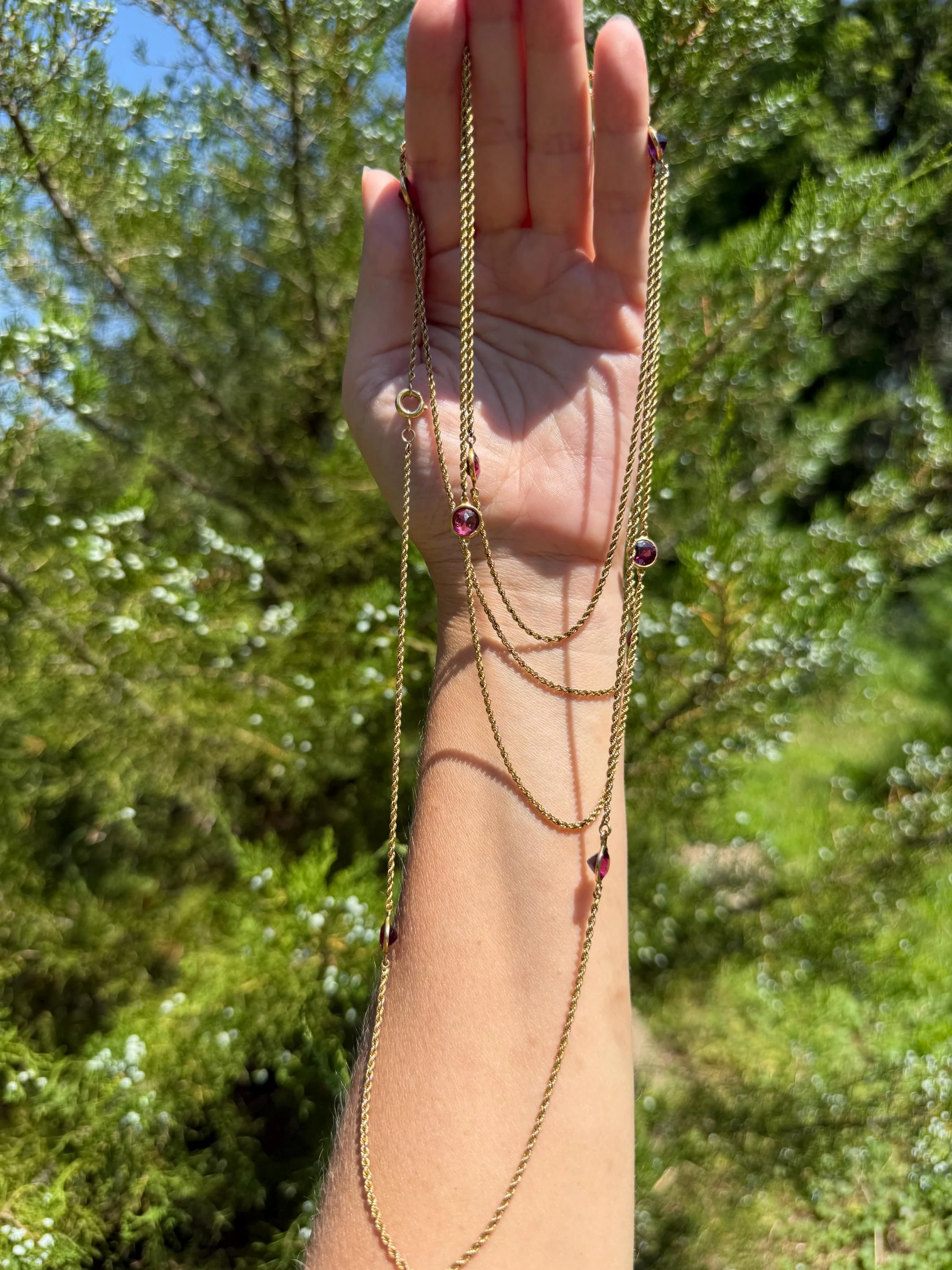 Victorian X Long Antique GARNET Station Chain Guard 67 Inch (!) 5.5 FEET 22g 14k GOLD Necklace Berry Pink Purple Neckmess Body Chain Gift - Image 3