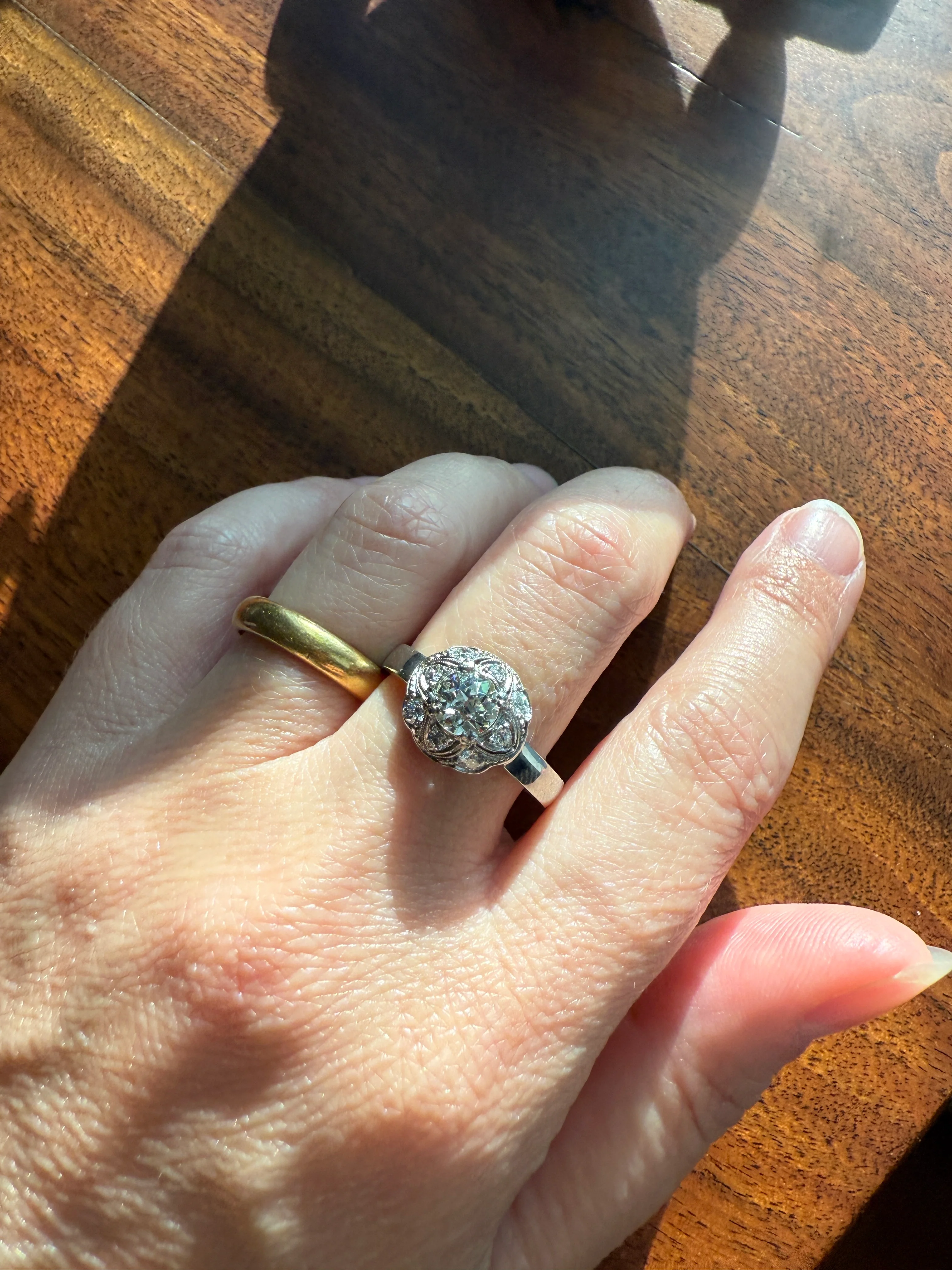 Vintage 1 Carat Tdw Antique Old European Cut Diamonds 18k White Gold Ring Scandinavian Domed Ornate Cluster Ring Art Deco Edwardian Style - Image 14