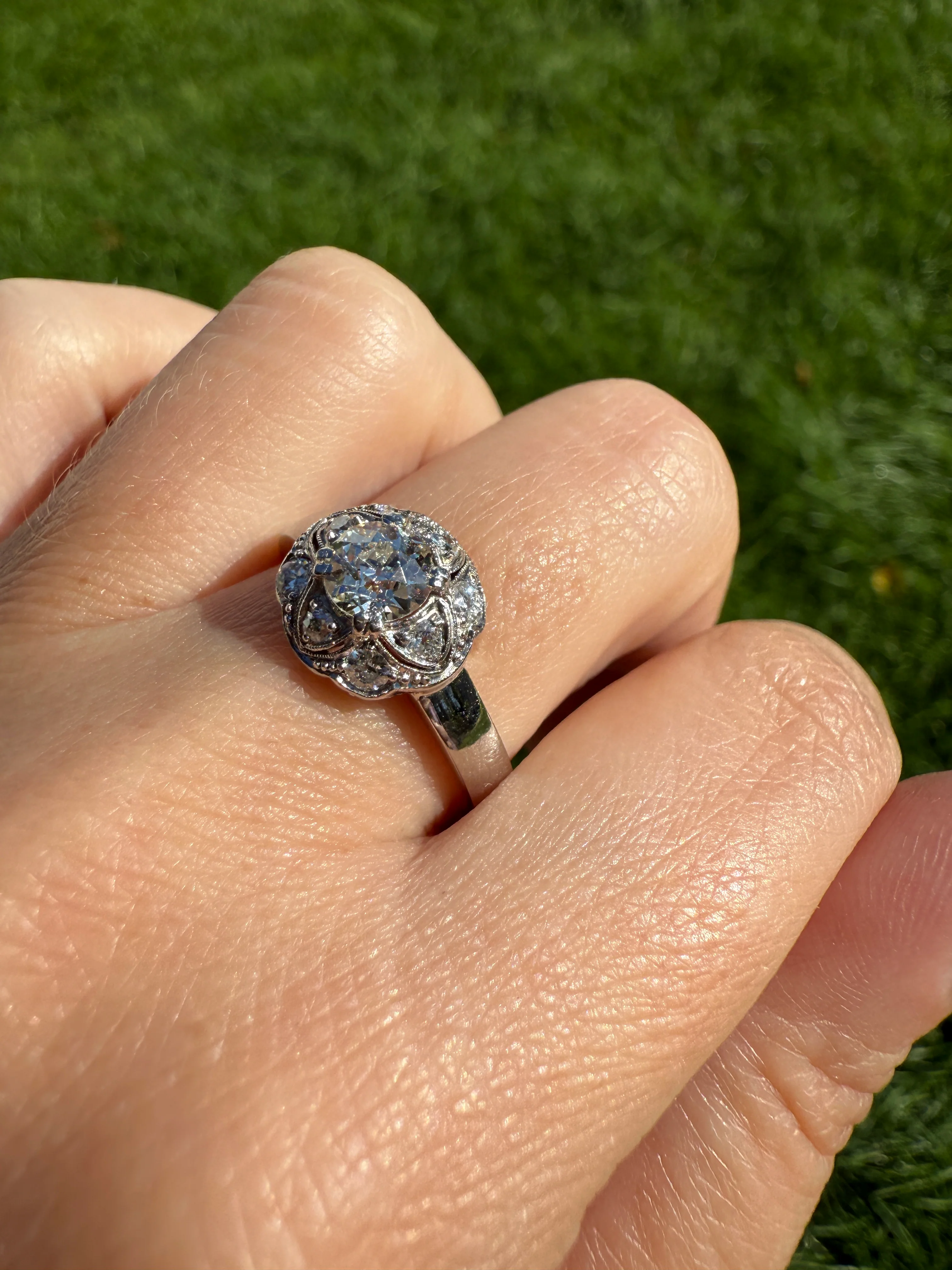 Vintage 1 Carat Tdw Antique Old European Cut Diamonds 18k White Gold Ring Scandinavian Domed Ornate Cluster Ring Art Deco Edwardian Style - Image 15