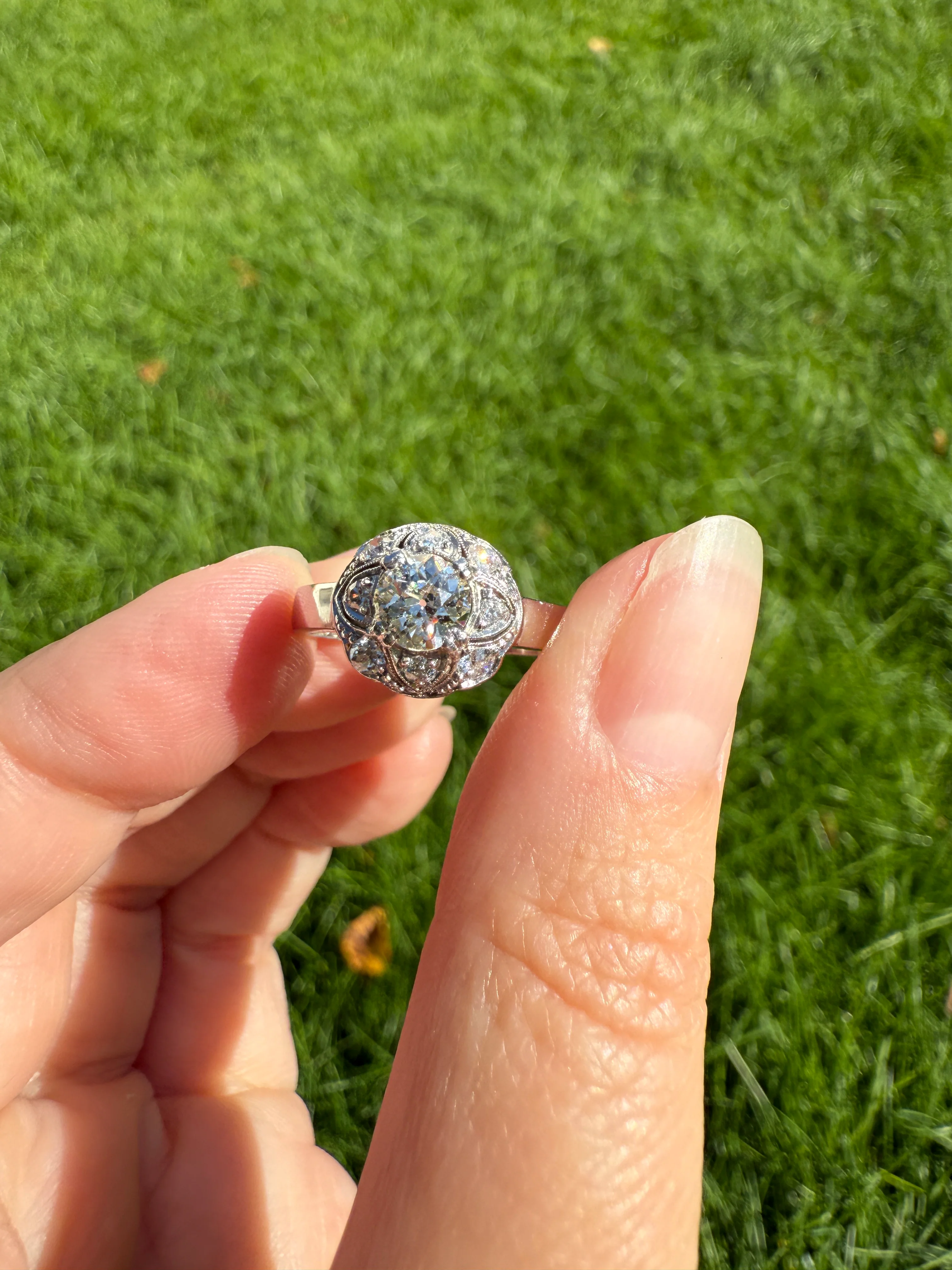 Vintage 1 Carat Tdw Antique Old European Cut Diamonds 18k White Gold Ring Scandinavian Domed Ornate Cluster Ring Art Deco Edwardian Style - Image 17