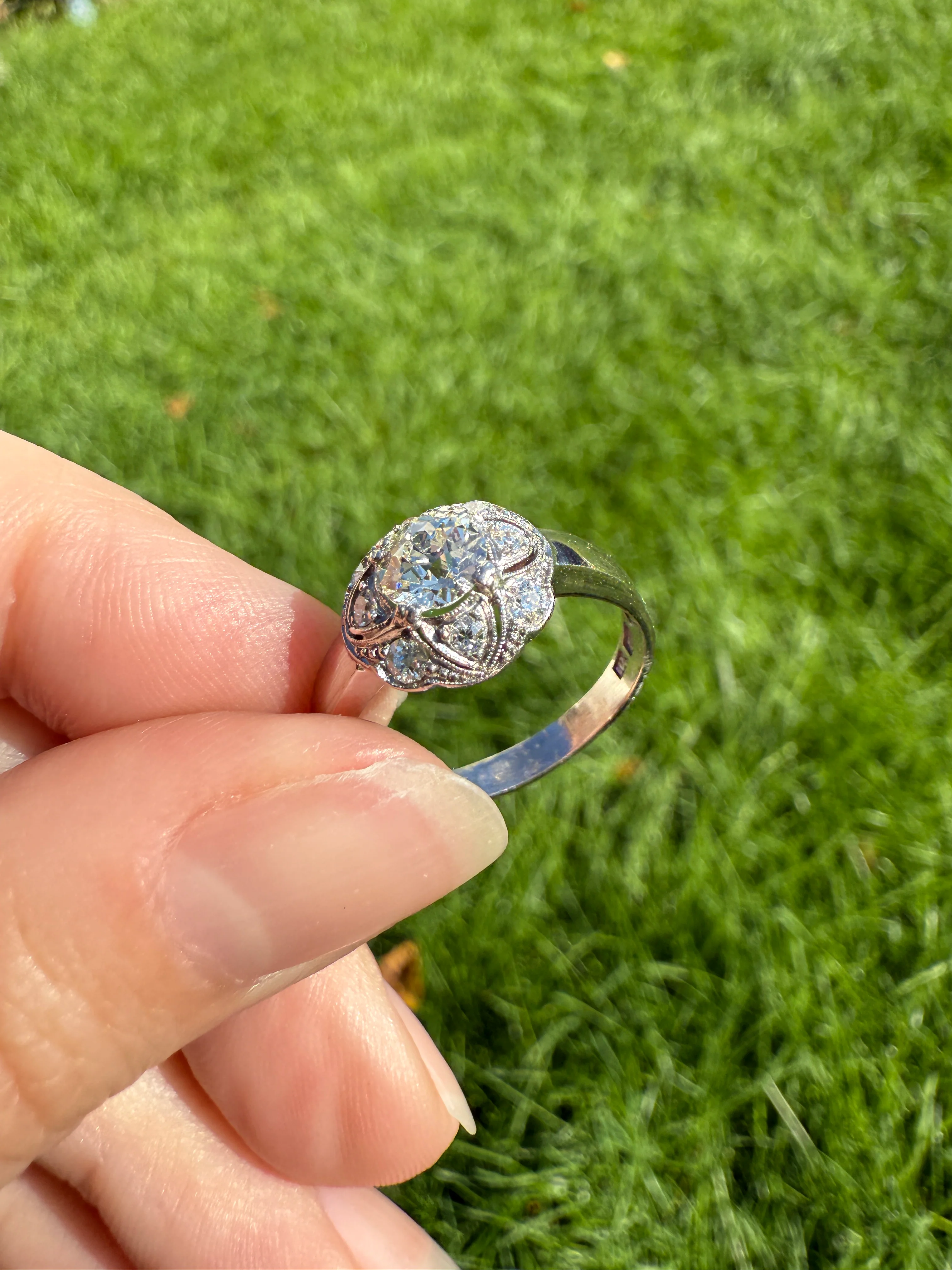 Vintage 1 Carat Tdw Antique Old European Cut Diamonds 18k White Gold Ring Scandinavian Domed Ornate Cluster Ring Art Deco Edwardian Style - Image 18