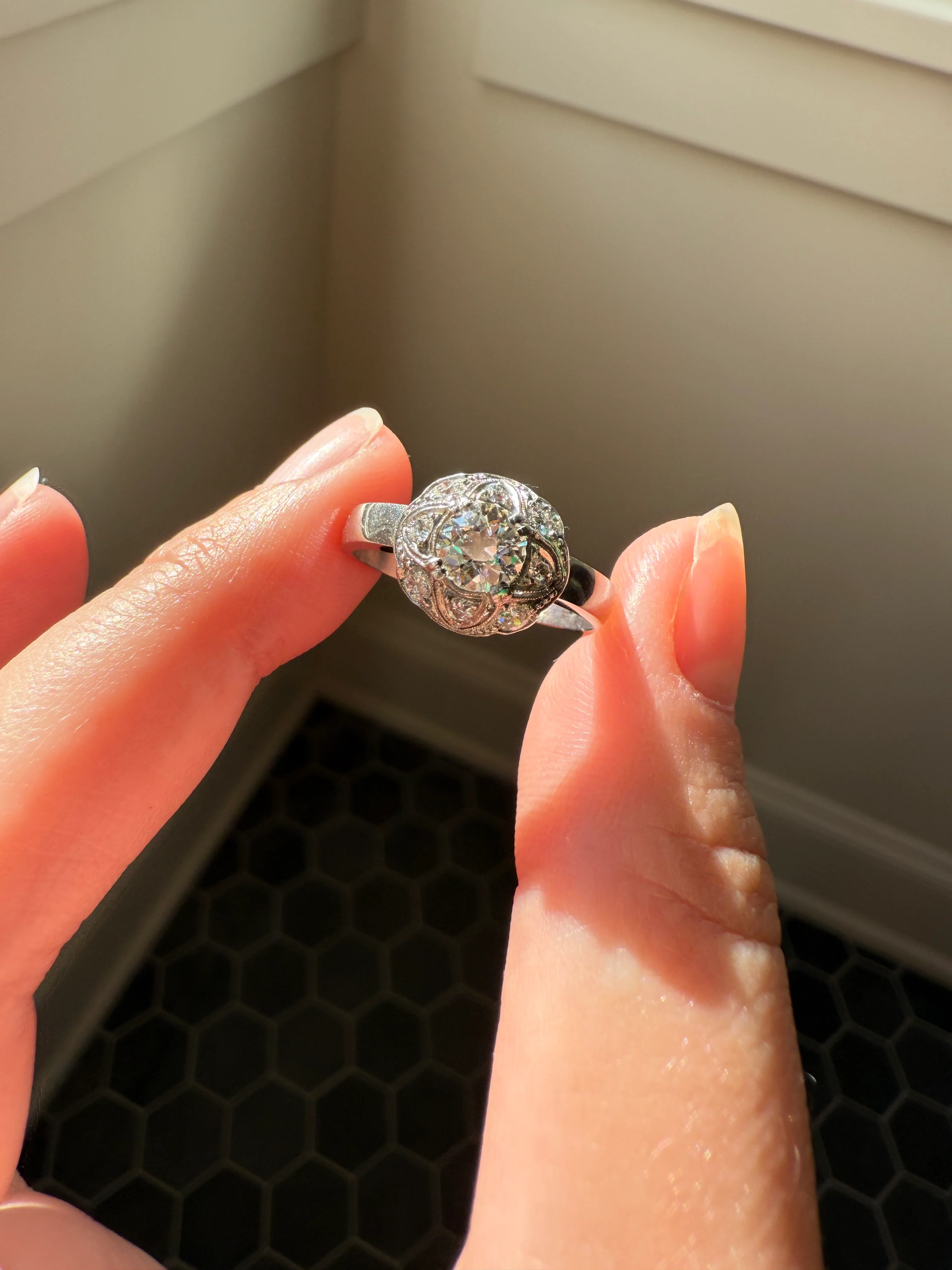 Vintage 1 Carat Tdw Antique Old European Cut Diamonds 18k White Gold Ring Scandinavian Domed Ornate Cluster Ring Art Deco Edwardian Style - Image 29