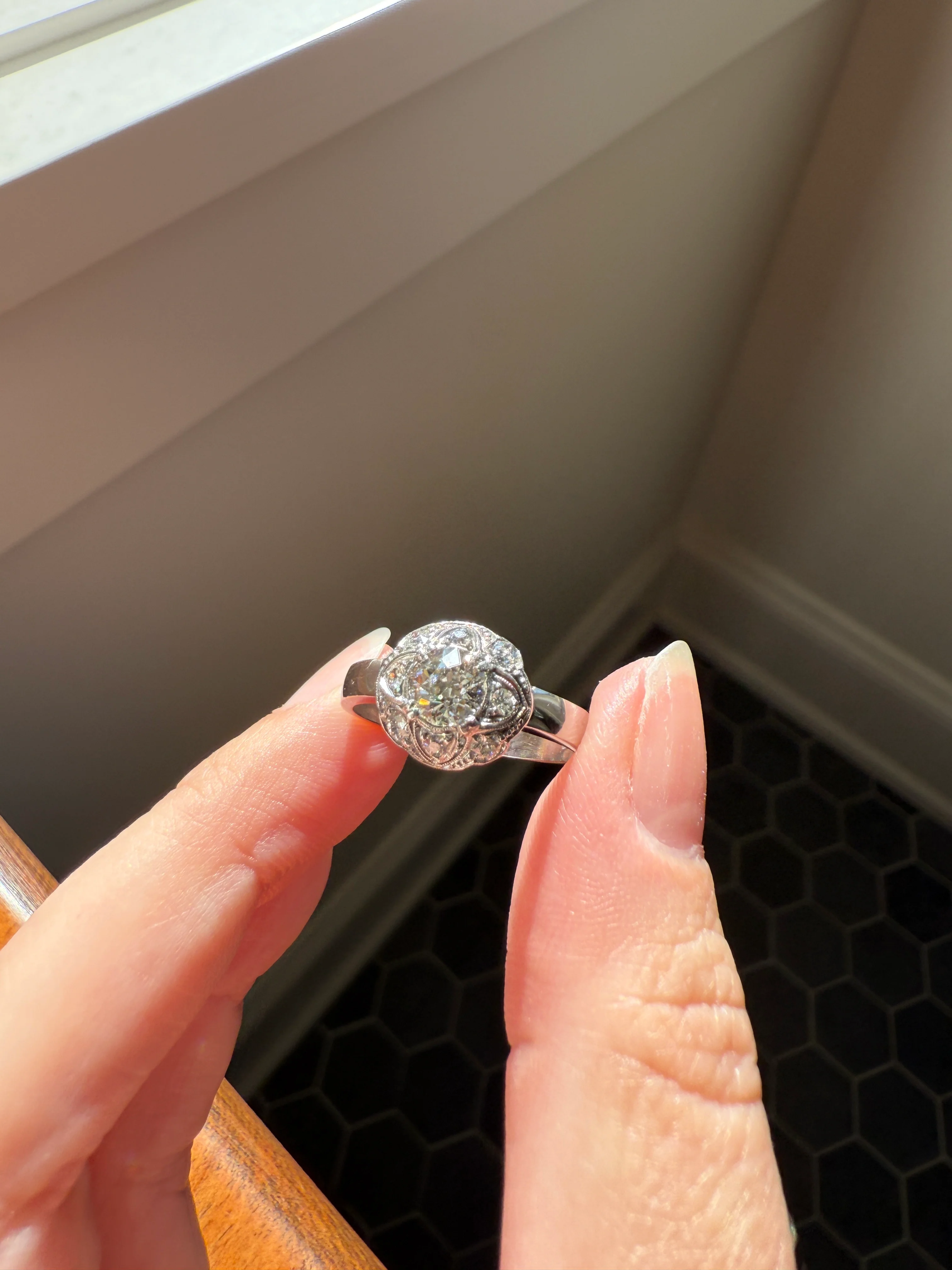 Vintage 1 Carat Tdw Antique Old European Cut Diamonds 18k White Gold Ring Scandinavian Domed Ornate Cluster Ring Art Deco Edwardian Style - Image 34