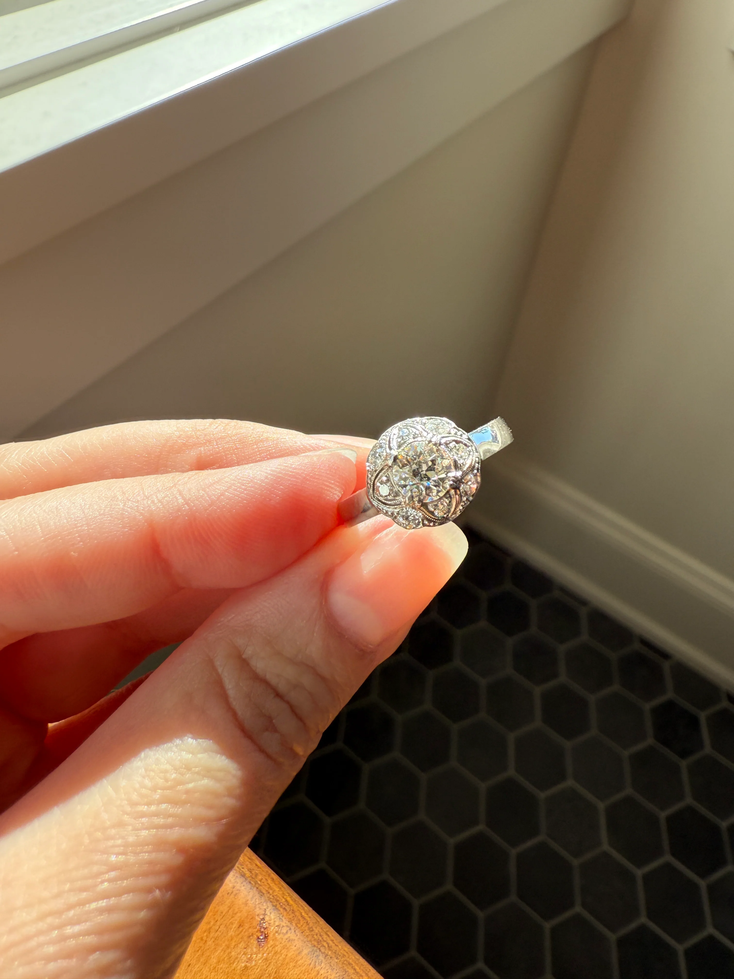 Vintage 1 Carat Tdw Antique Old European Cut Diamonds 18k White Gold Ring Scandinavian Domed Ornate Cluster Ring Art Deco Edwardian Style - Image 35
