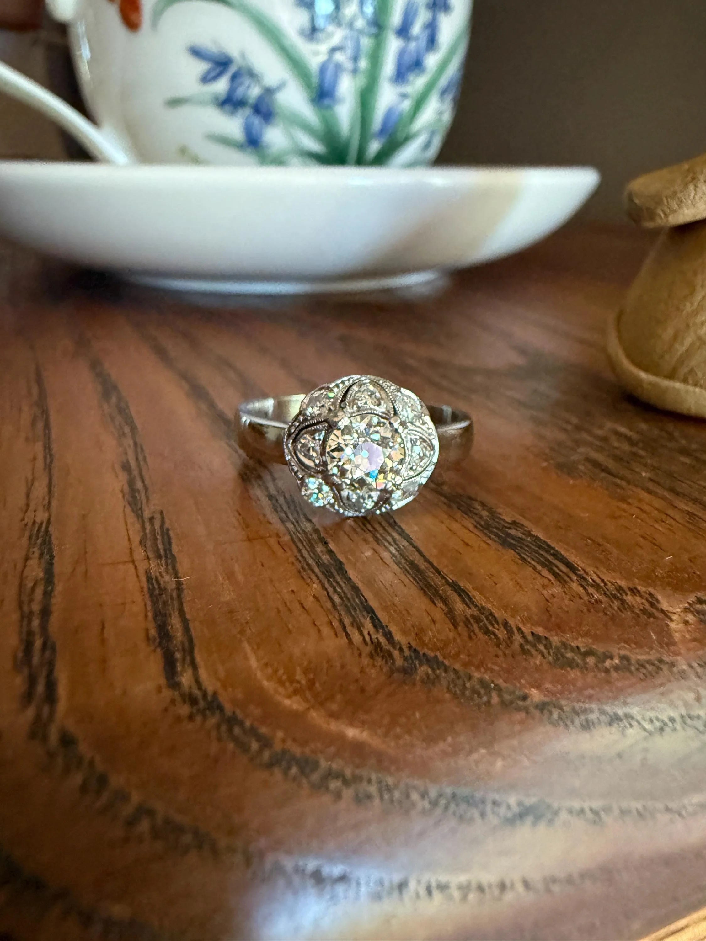 Vintage 1 Carat Tdw Antique Old European Cut Diamonds 18k White Gold Ring Scandinavian Domed Ornate Cluster Ring Art Deco Edwardian Style - Image 4